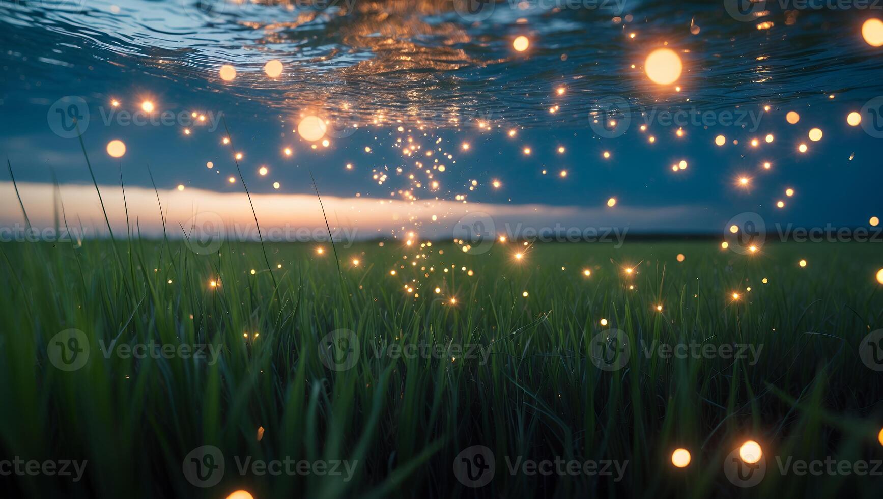 Glowing Orbs Floating Above Green Field with Water Reflection photo