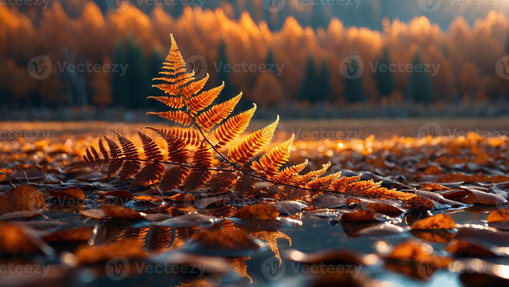 Fern Frond Resting on Fallen Leaves by Forest Lake in Autumn photo