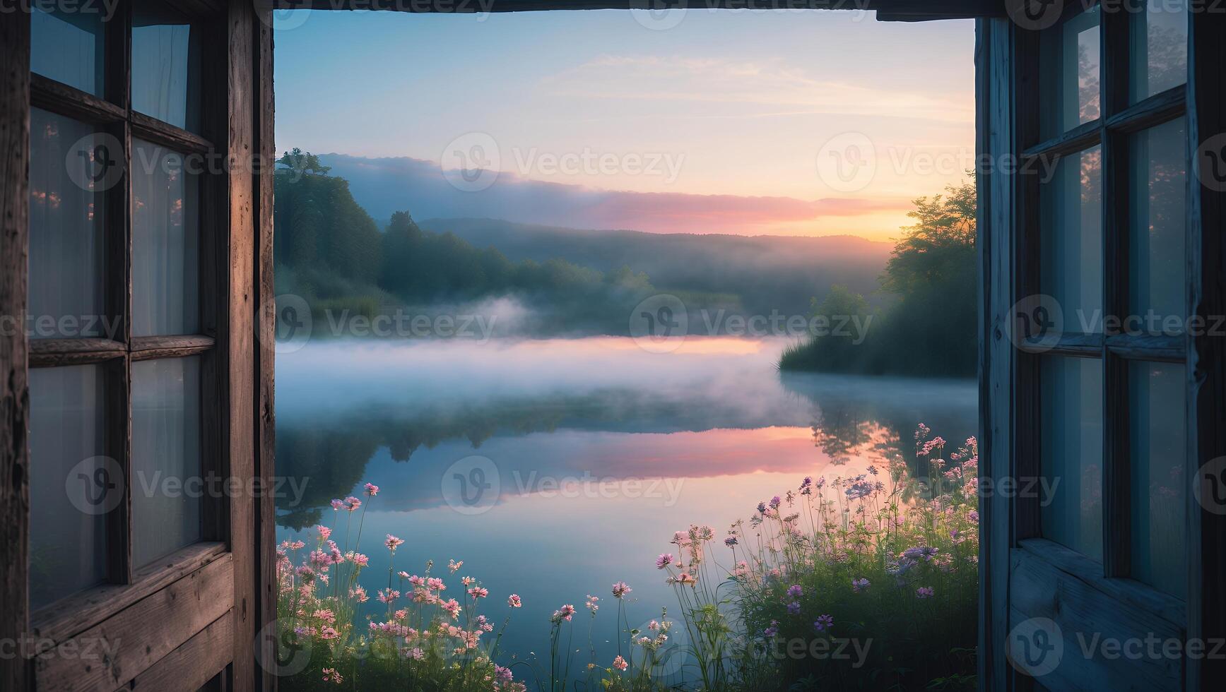 Open Window View of Foggy Lake at Sunrise with Wildflowers photo