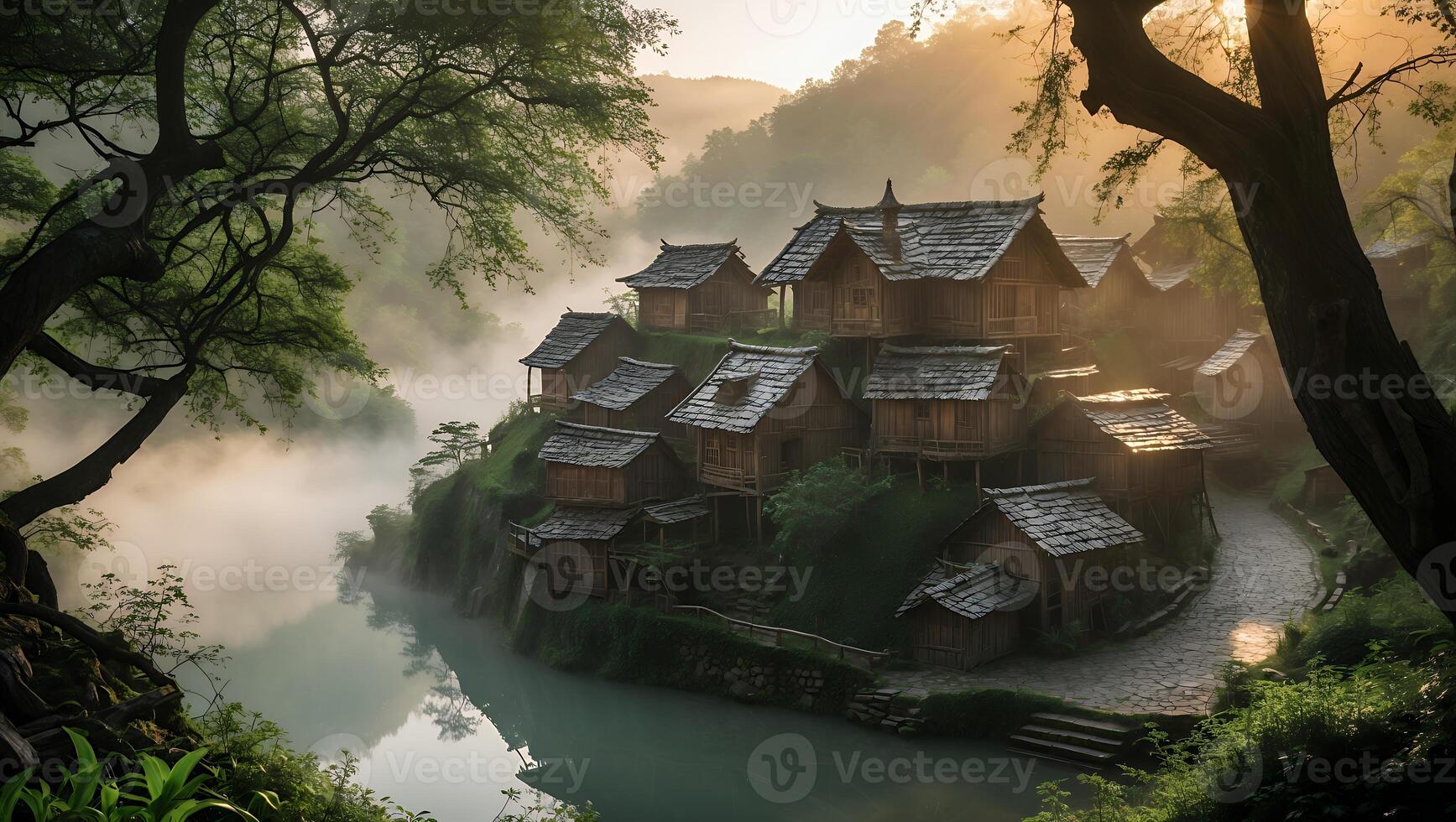 Quaint Village on Cliffside Overlooking River with Foggy Atmosphere photo