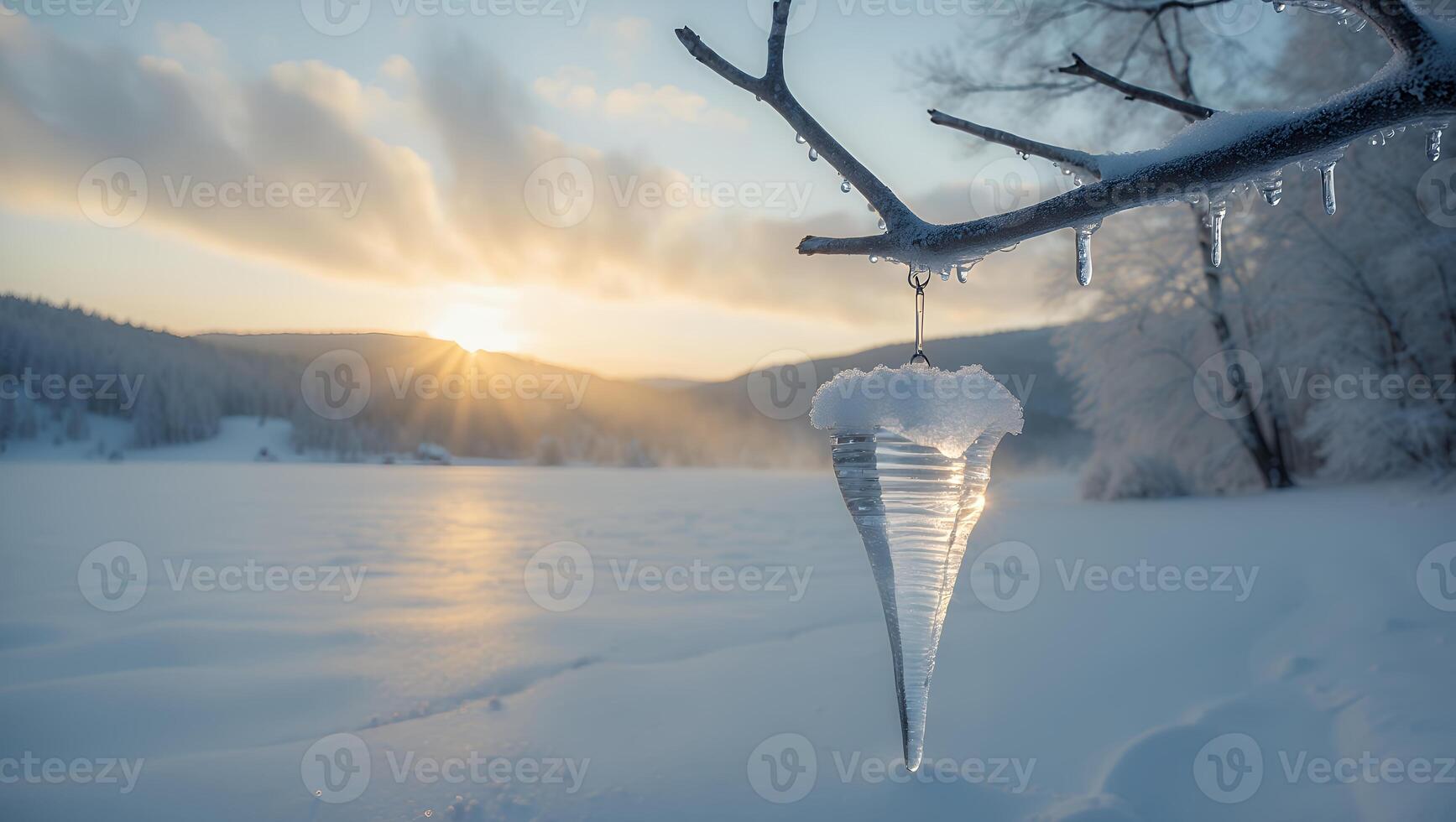 Icicle Hanging From Branch in Winter Landscape at Sunset photo