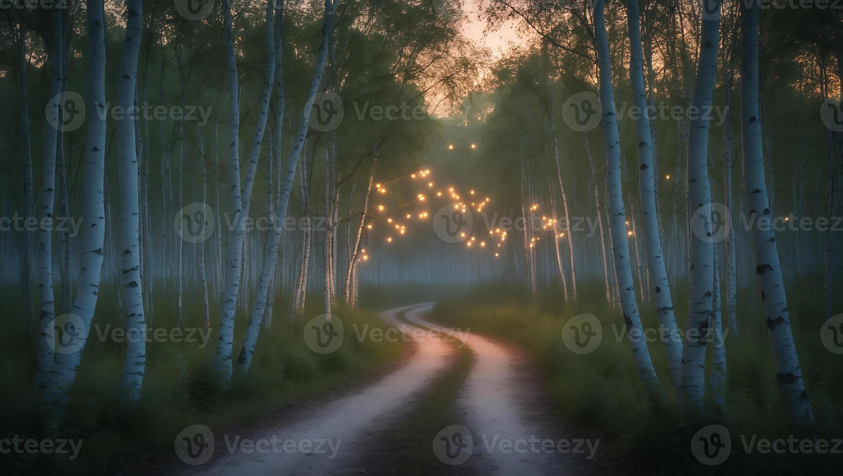 Winding Dirt Road Through Birch Forest with Magical Lights at Dusk photo