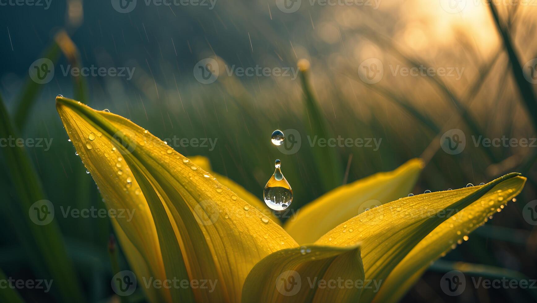 Dropping Water Drop on Yellow Flower with Bokeh Background Scenery photo