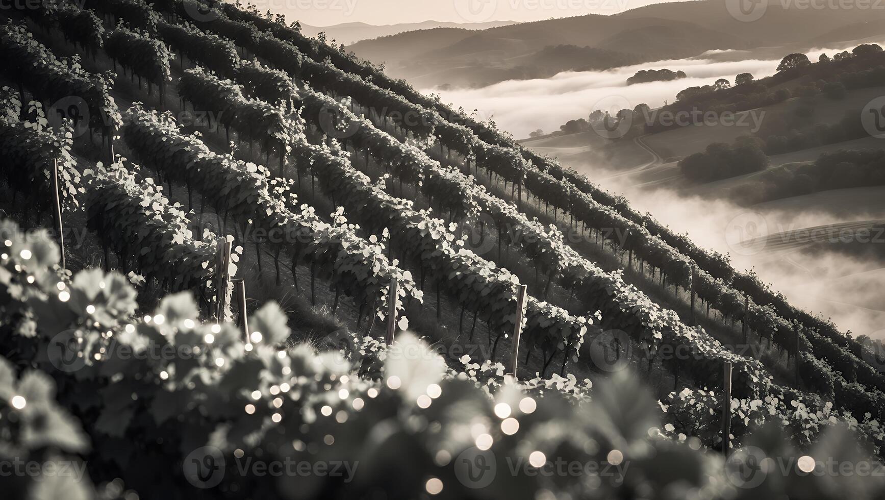 Vineyard Landscape in Morning Mist with Rows of Grapevines photo