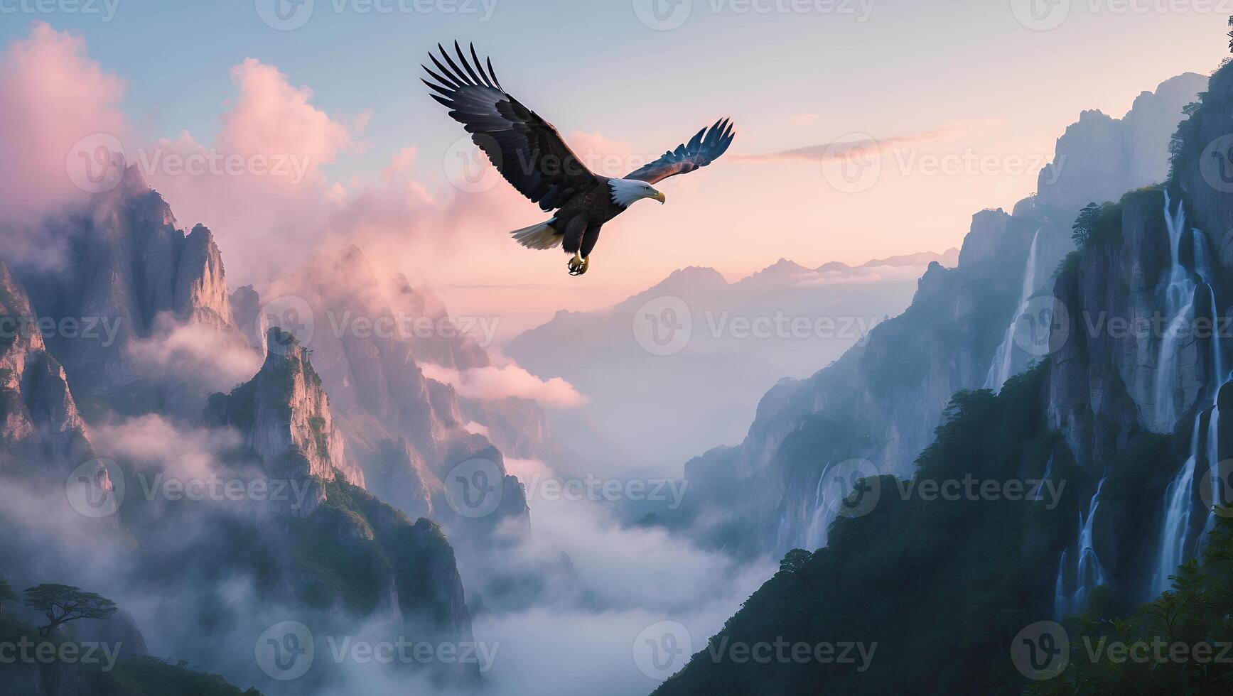 Eagle Soaring Over Misty Mountains with Waterfalls at Sunrise photo
