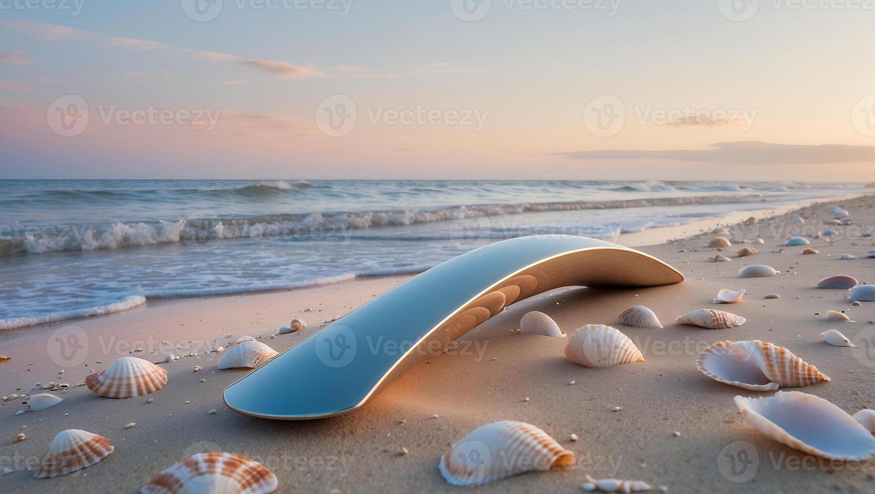 Seashells on Beach with Wave Action Under Warm Sunset Light photo