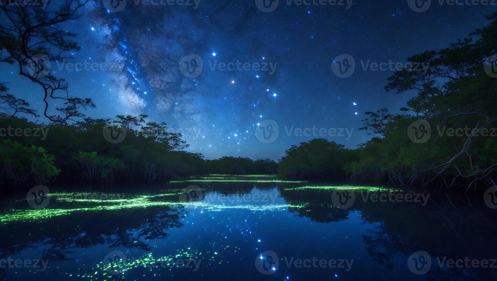 Reflecting Night Sky Over Calm River Surrounded by Lush Trees photo