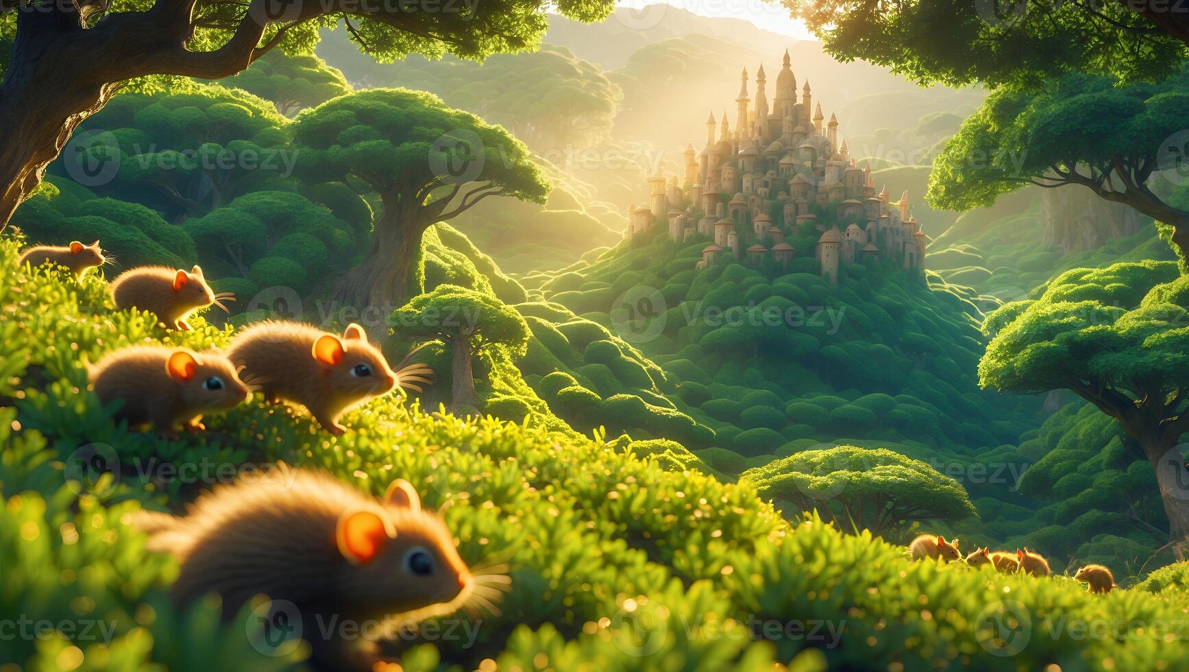 Mice Marching Toward Hilltop City in Lush Green Landscape photo