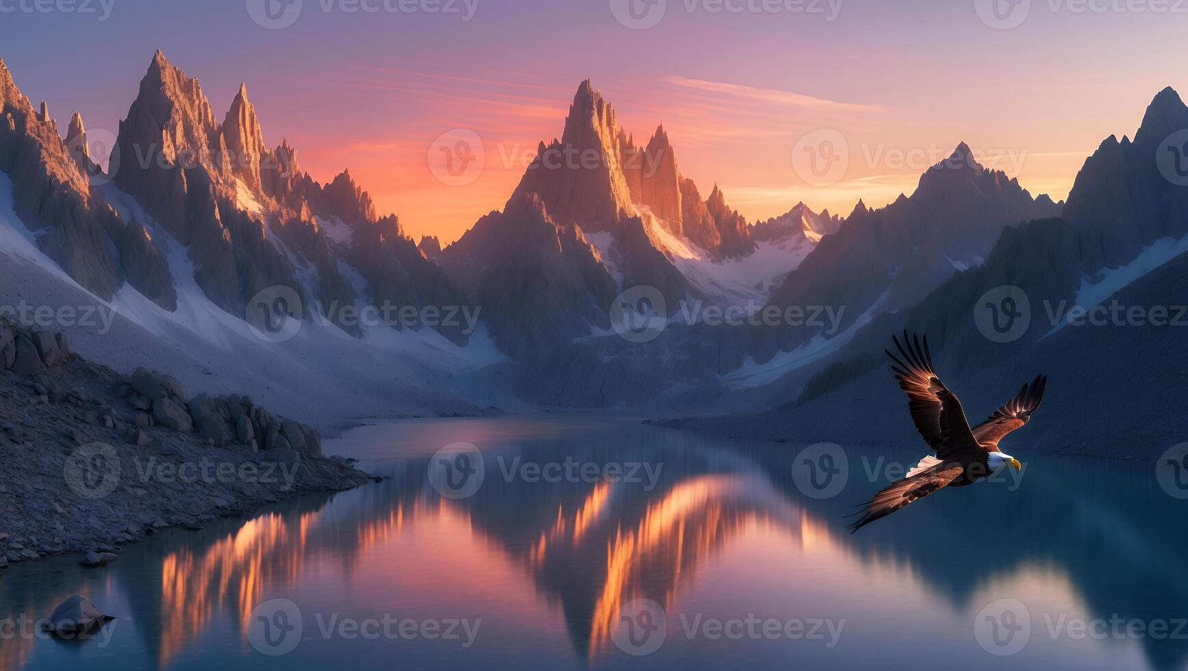 Eagle Soaring Over Reflective Lake Surrounded by Snow-capped Mountains Landscape photo