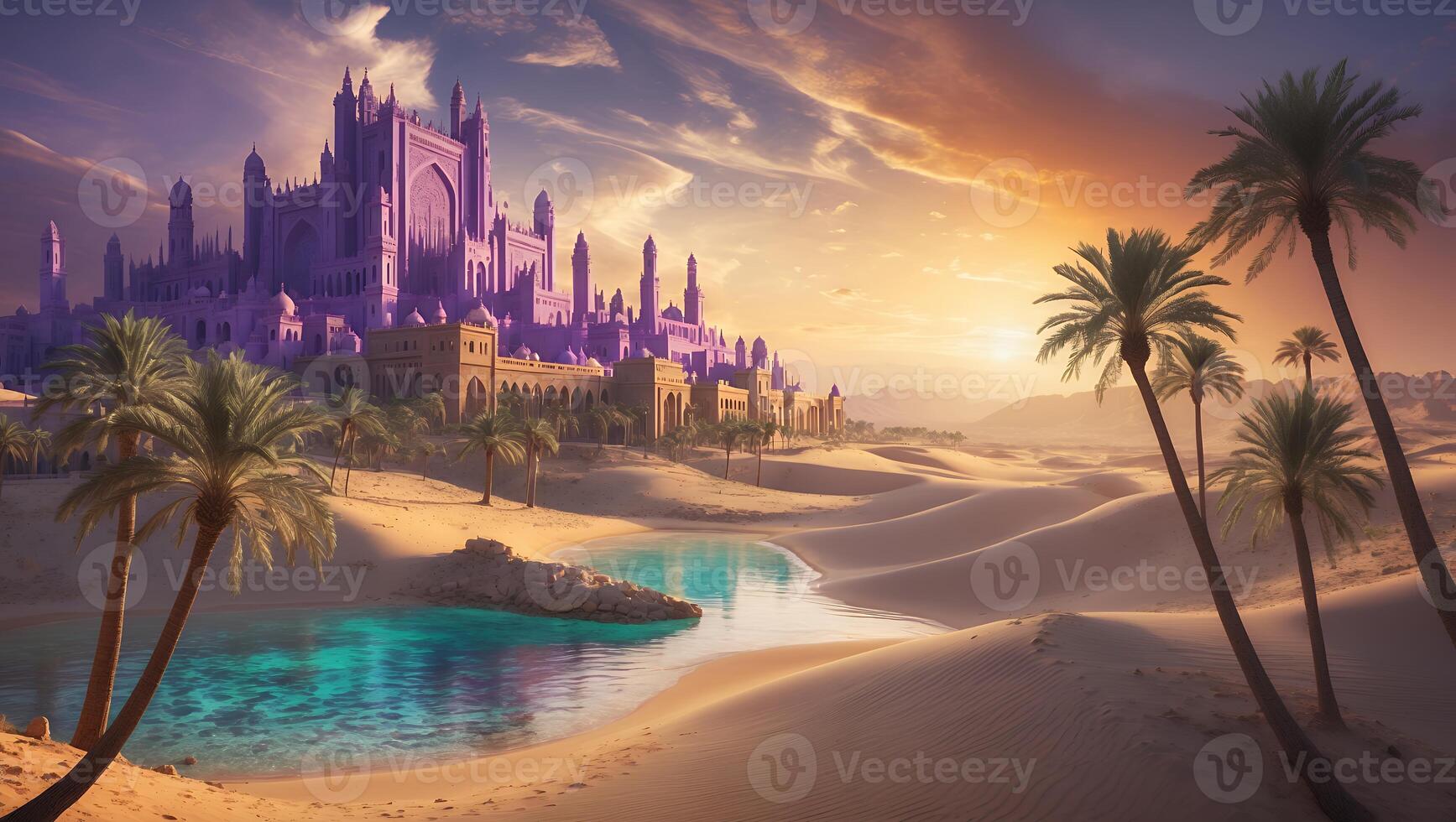 Majestic Desert Oasis with Palm Trees and Grand Architecture at Sunset photo