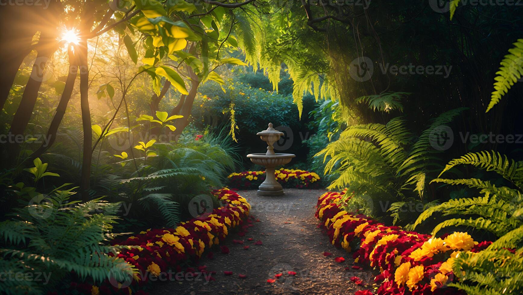 Walking Path Leading to Garden Fountain with Floral Border and Sunlight photo