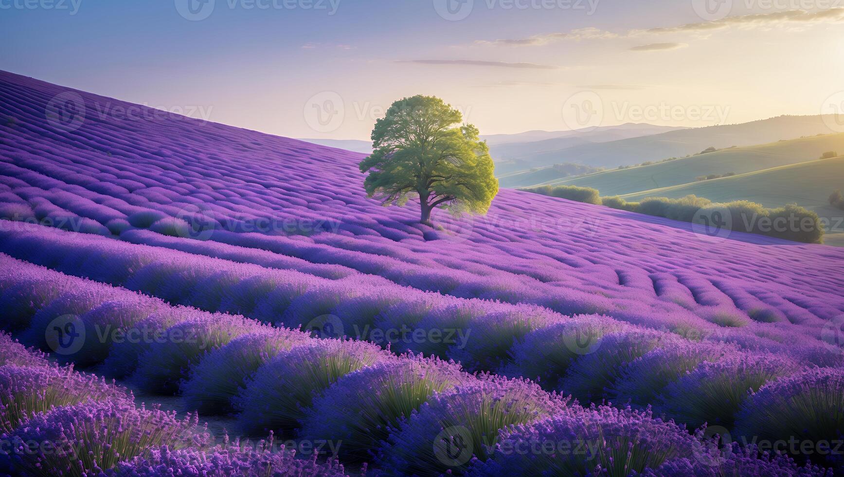 Lavender Field with Tree Landscape at Sunset in Rural Setting photo