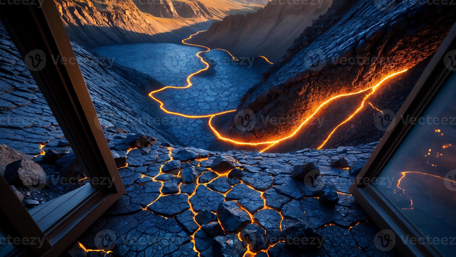 Open Window Overlooking a Valley with Glowing Cracks and Mountain Range photo