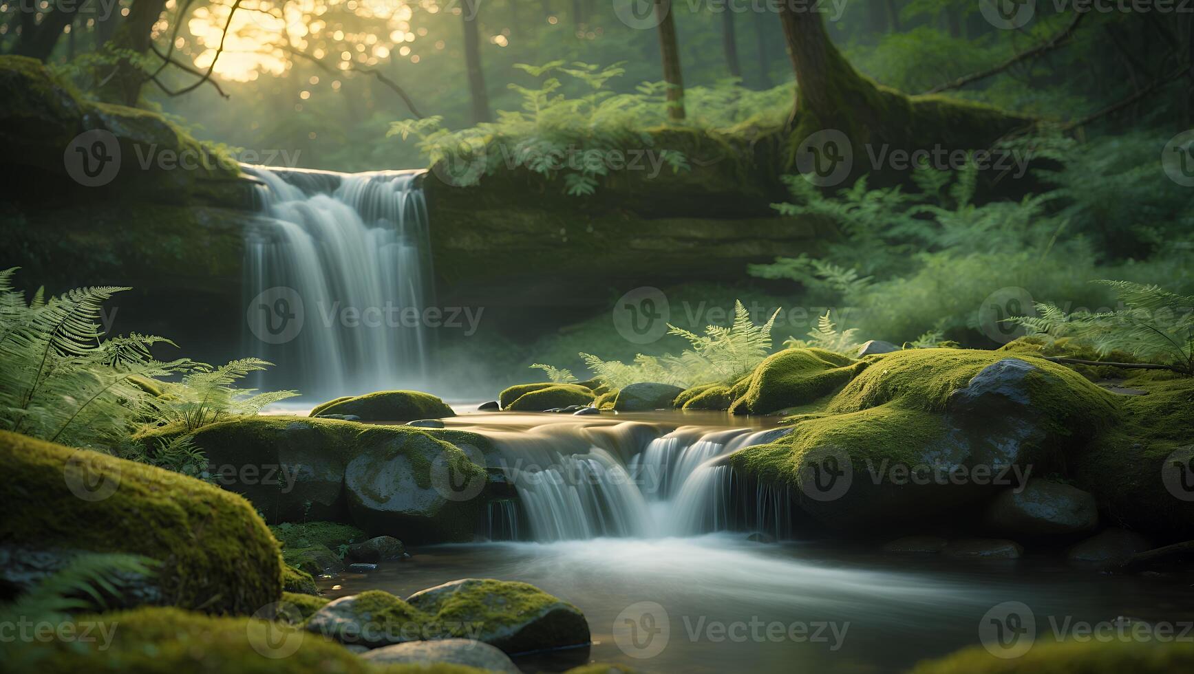 Cascading Waterfall in Lush Green Forest Creating a Serene Ambiance photo