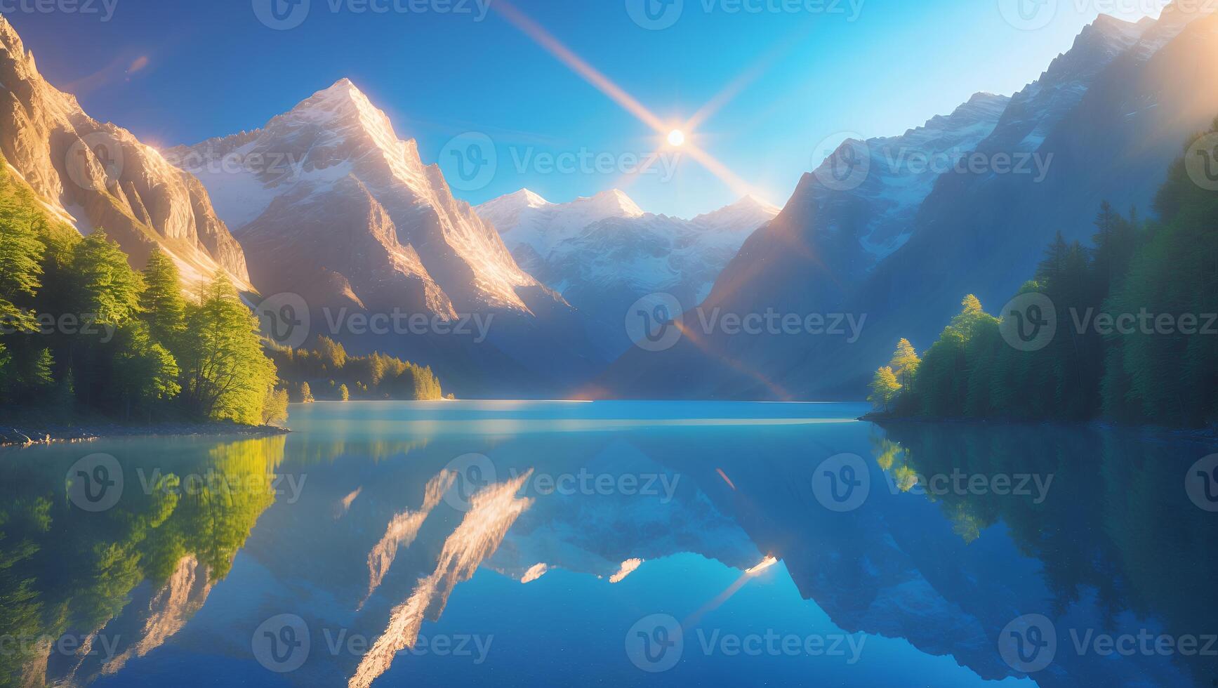 Reflective Mountain Lake Landscape at Sunrise with Snow-capped Peaks photo