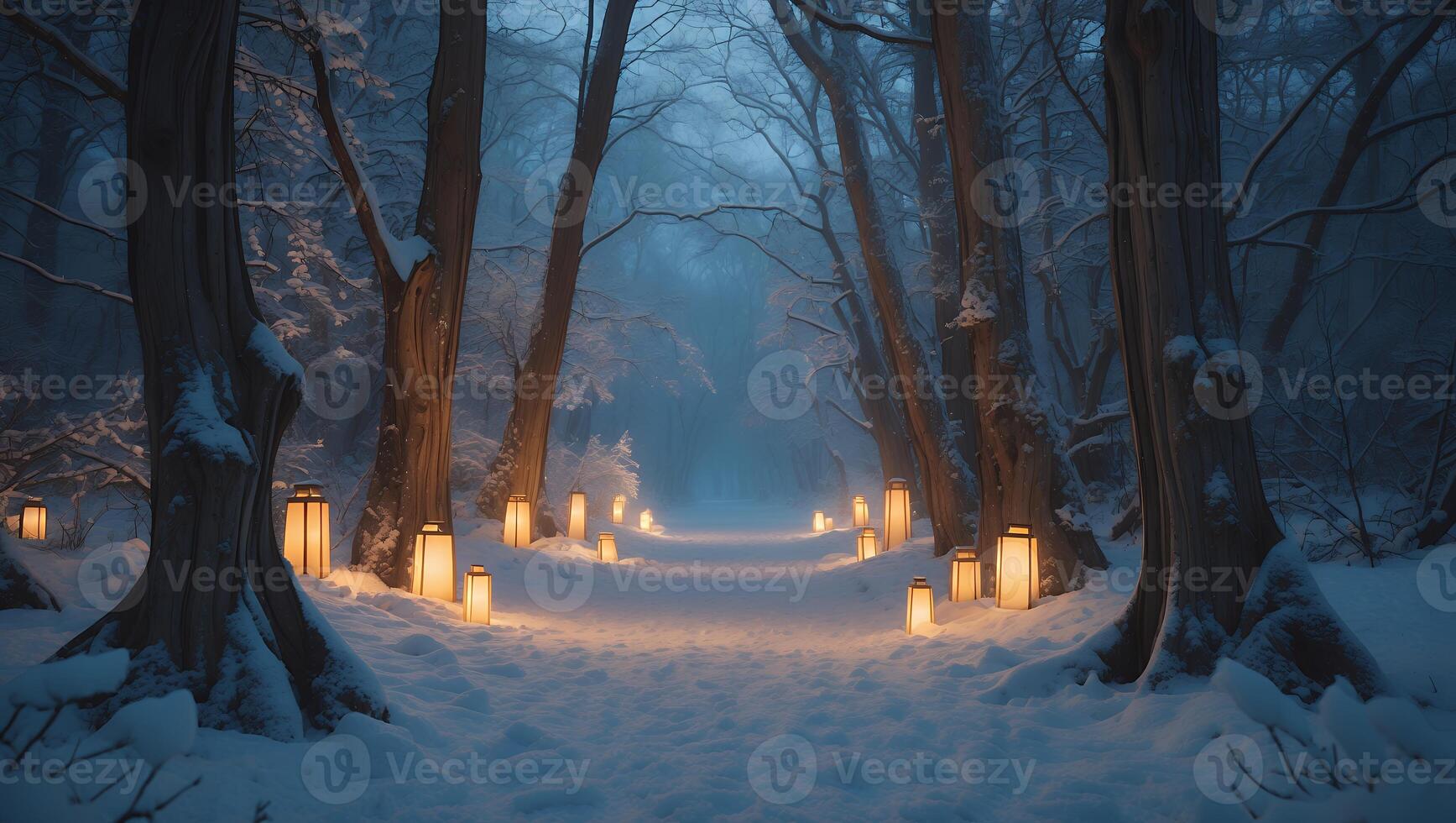 Illuminated Lanterns Line Snowy Forest Path in Serene Winter Landscape photo