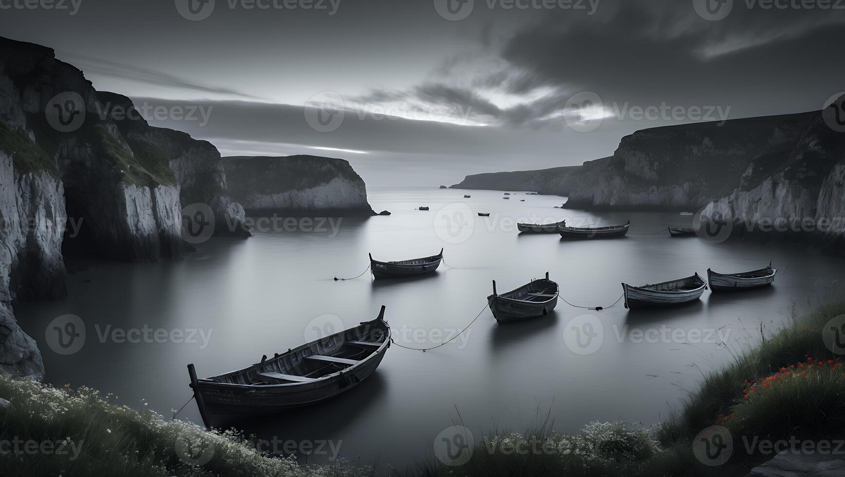 Moored Boats Resting in a Calm Bay with Rocky Cliffs photo