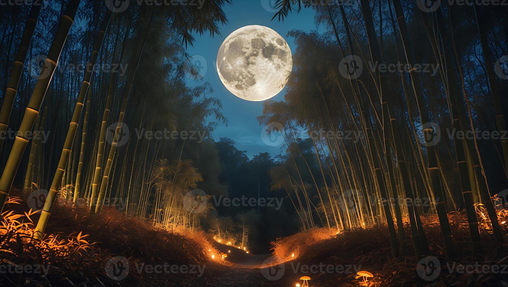 Full Moon Rising Above a Forest Path with Subtle Glowing Lights photo