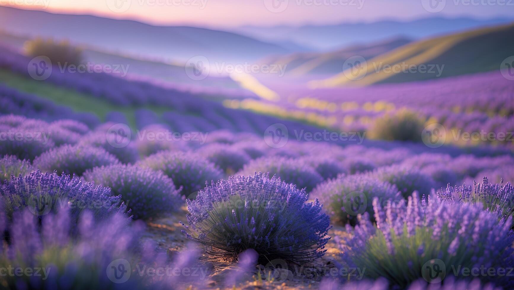 Lavender Field at Sunrise Blooming in Rows with Rolling Hills photo