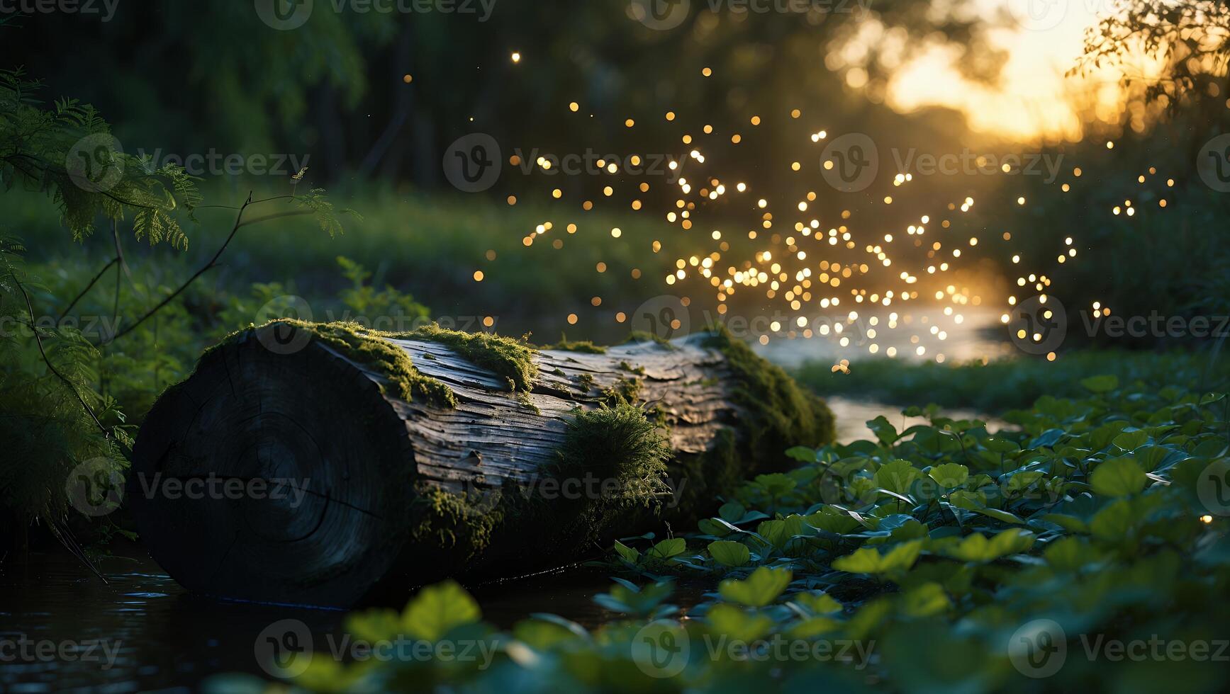 Mossy Log Laying by a Stream with Glimmering Light Effects photo