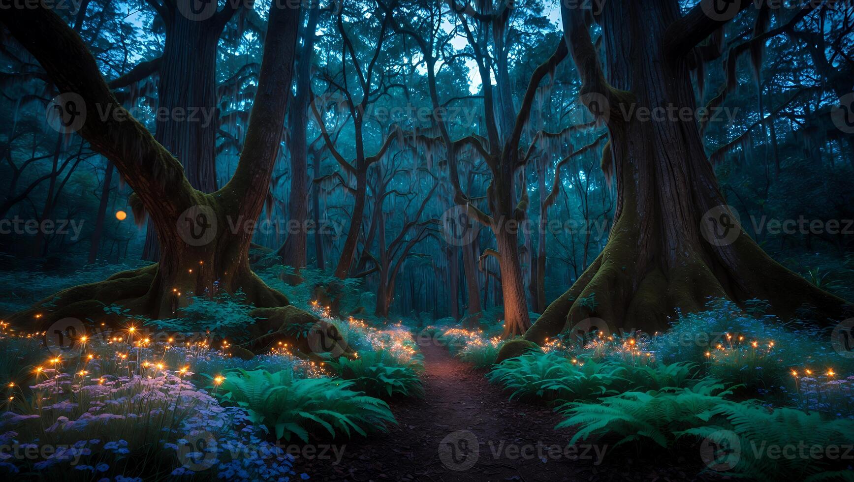 Walking Path Through Enchanted Forest with Glowing Lights and Ferns photo