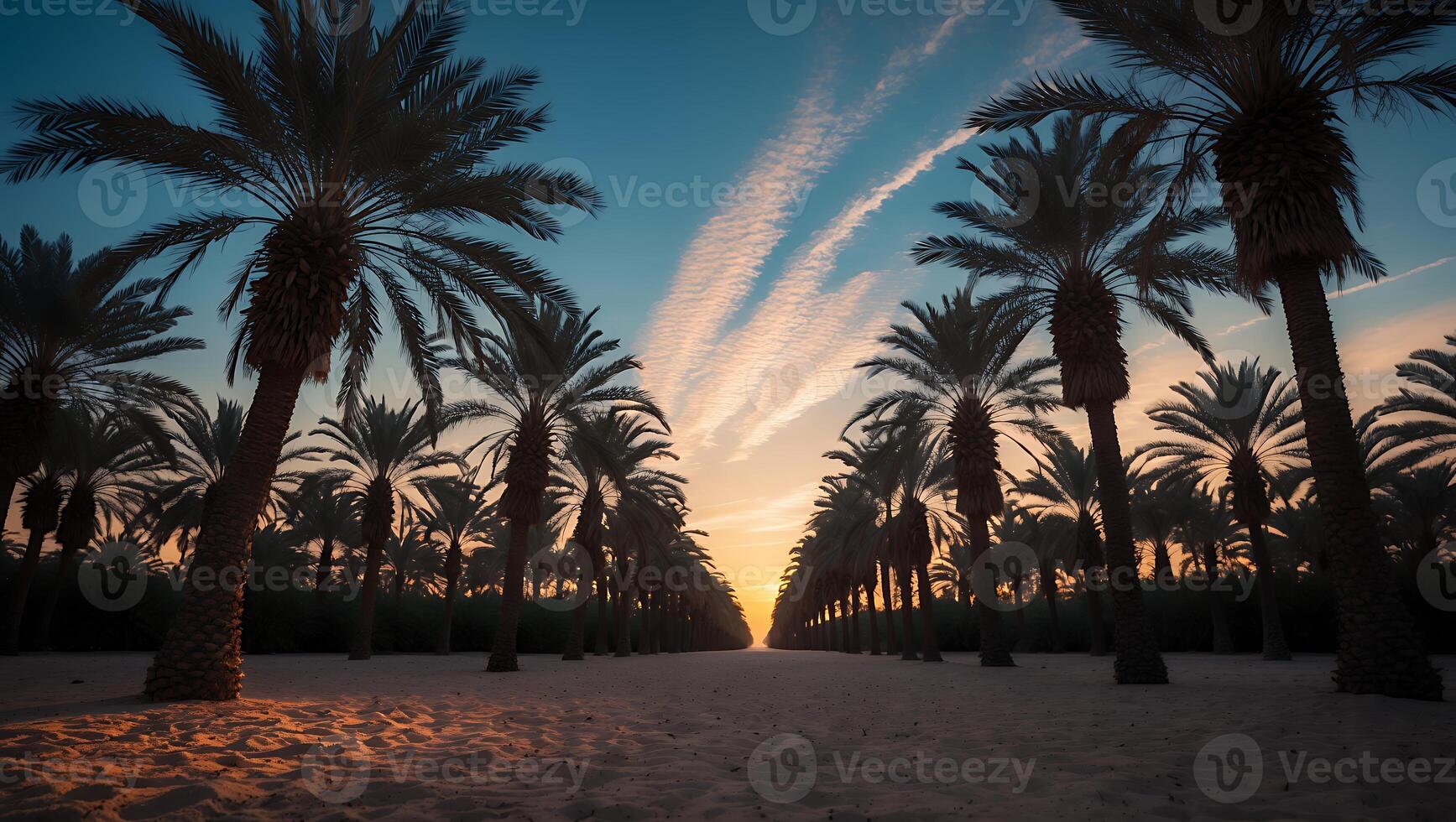 Palm Trees at Sunset with Sand Ground and Striped Clouds photo