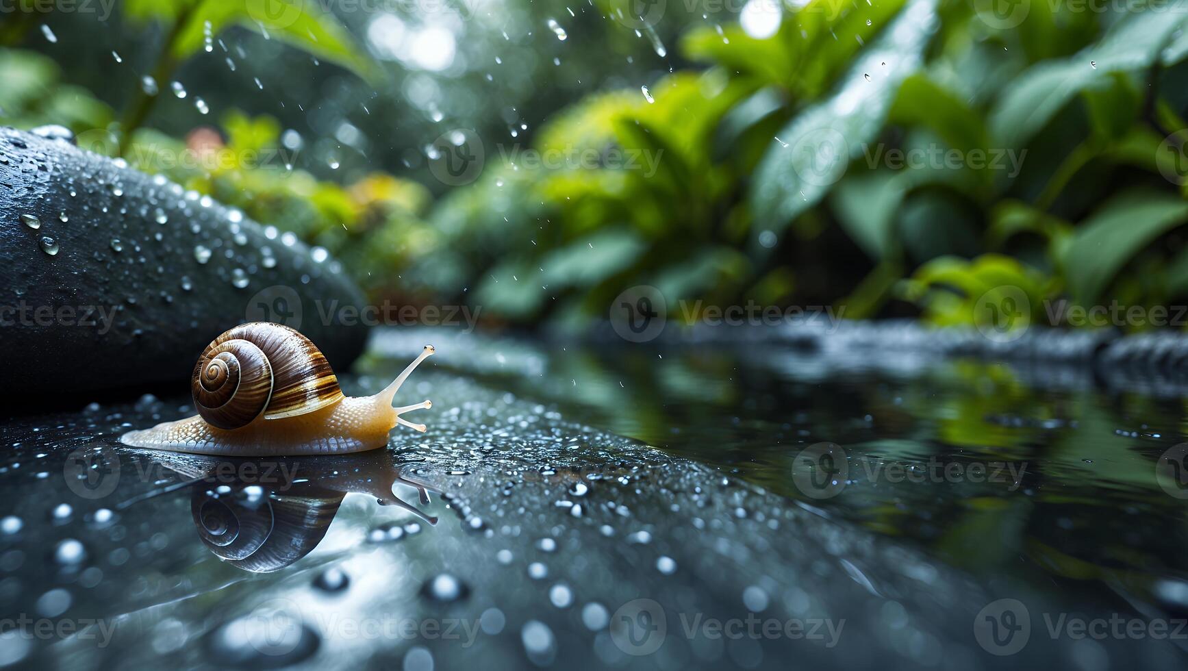 Snail Crawling on Wet Surface During Gentle Rainfall in Garden photo