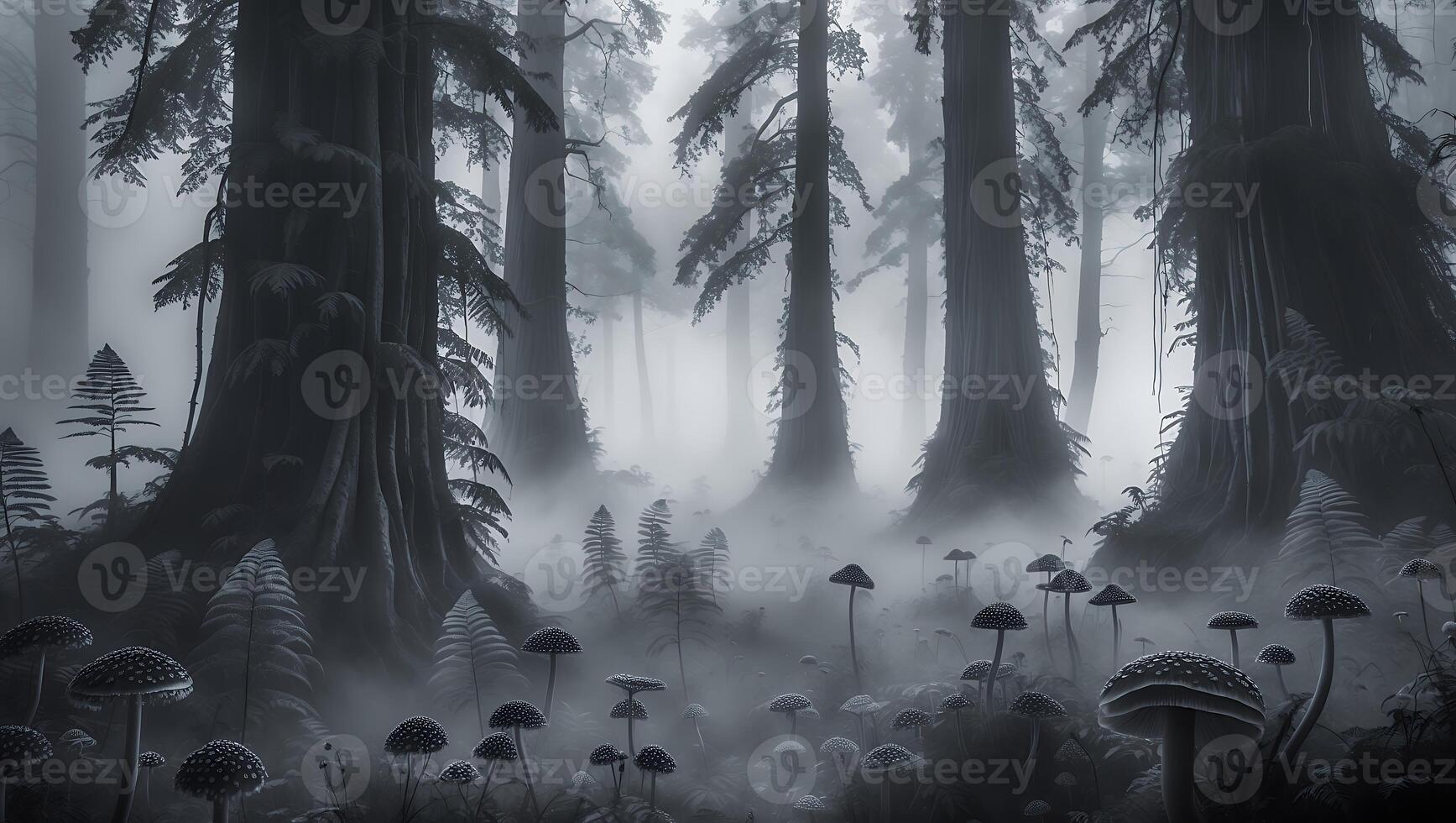 Exploring Foggy Forest with Tall Trees and Mysterious Mushrooms Growing photo