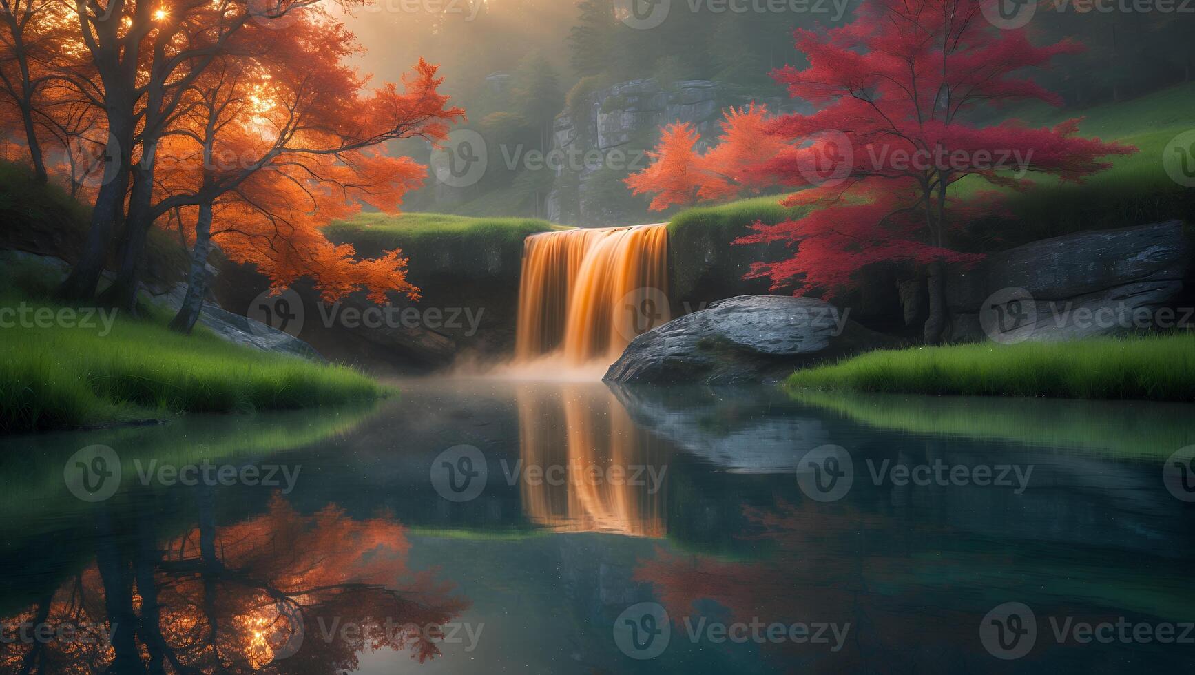 Waterfall Flowing Into Lake with Autumn Trees and Reflections photo