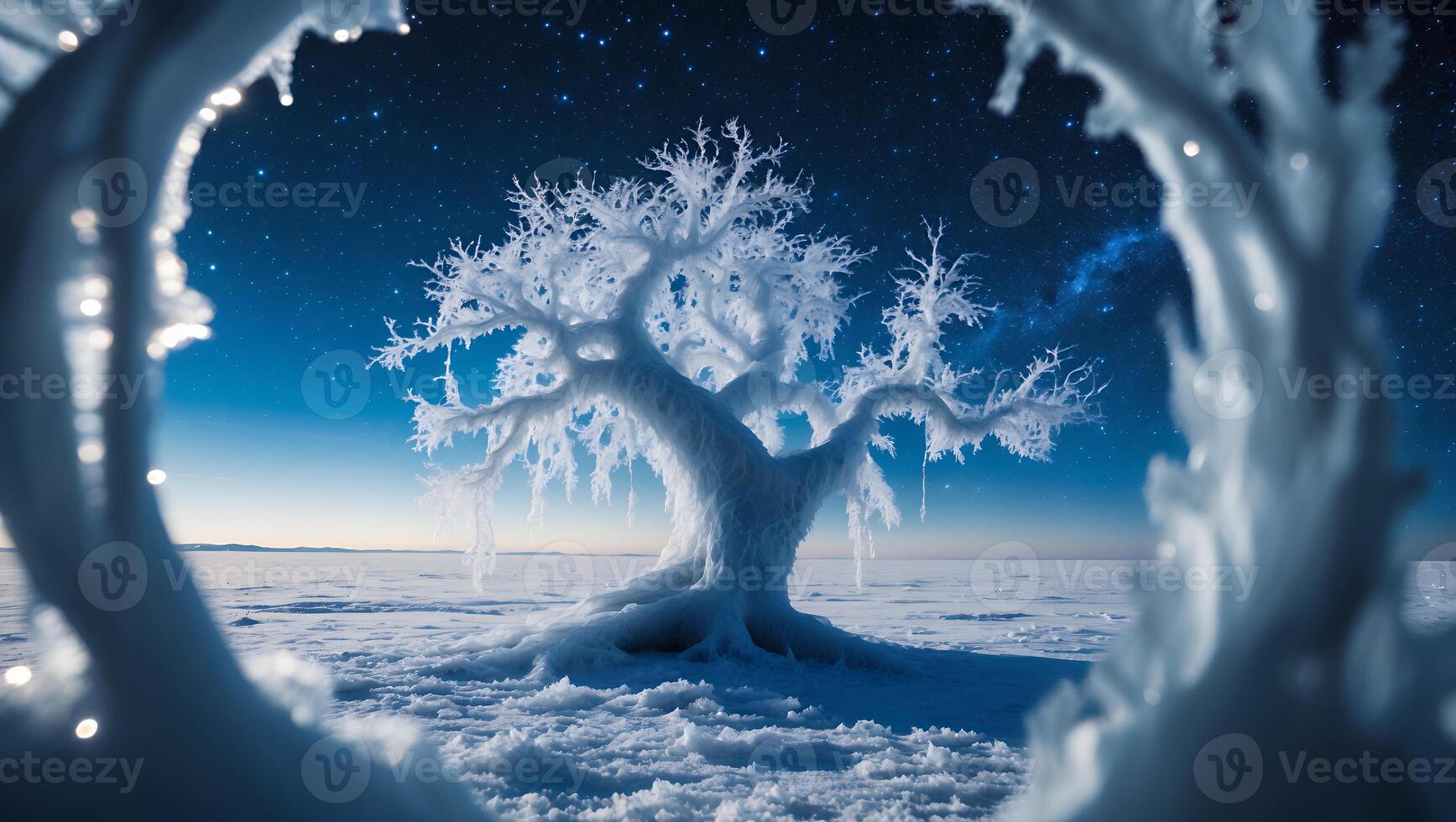 Frozen Tree Shines Under Starry Sky in Winter Wonderland Scene photo