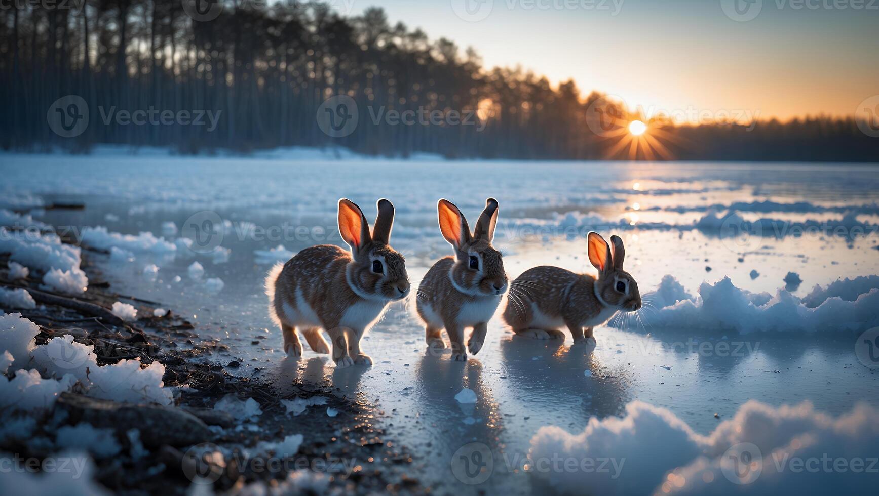 Three Rabbits Walking on Snowy Ice During Golden Winter Sunset photo