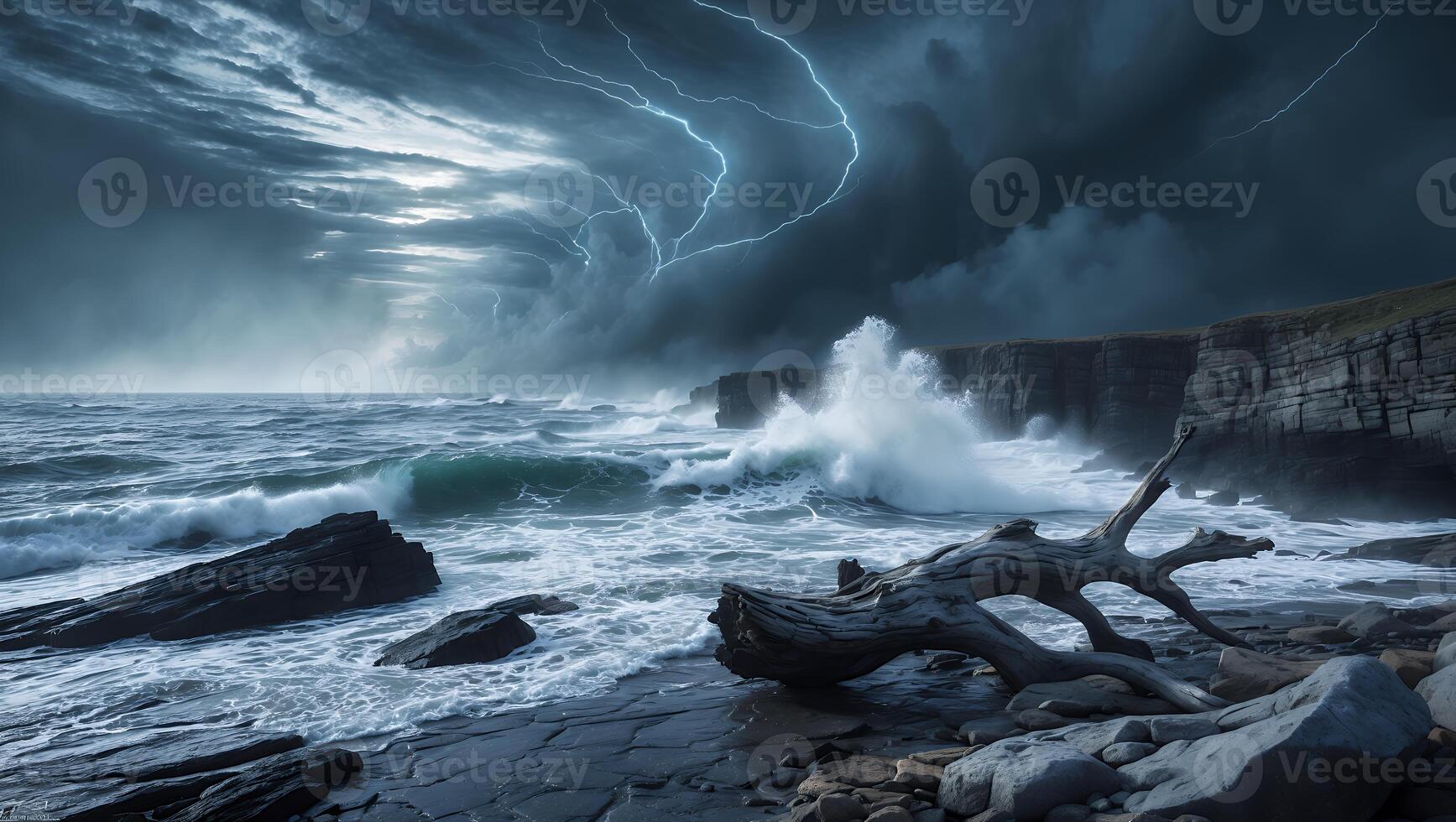 Stormy Ocean Waves Crashing on Rocky Coastline with Dramatic Lightning photo