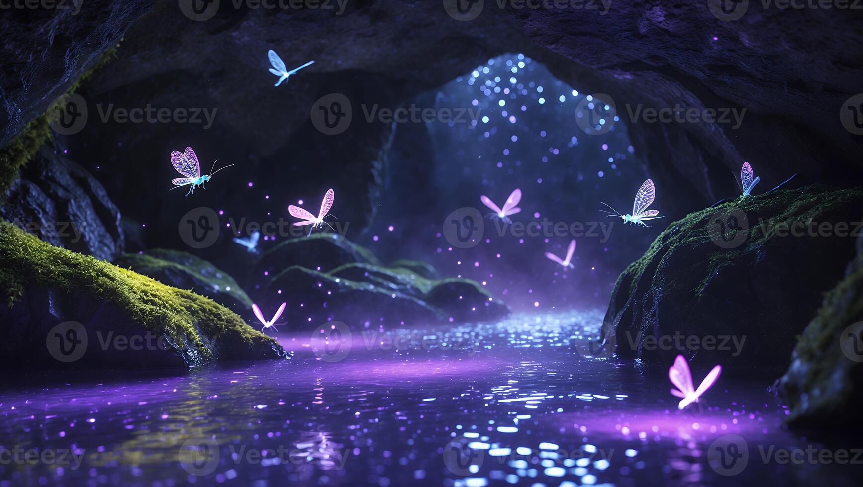 Enchanting Cave Stream with Glowing Butterflies and Sparkling Water photo