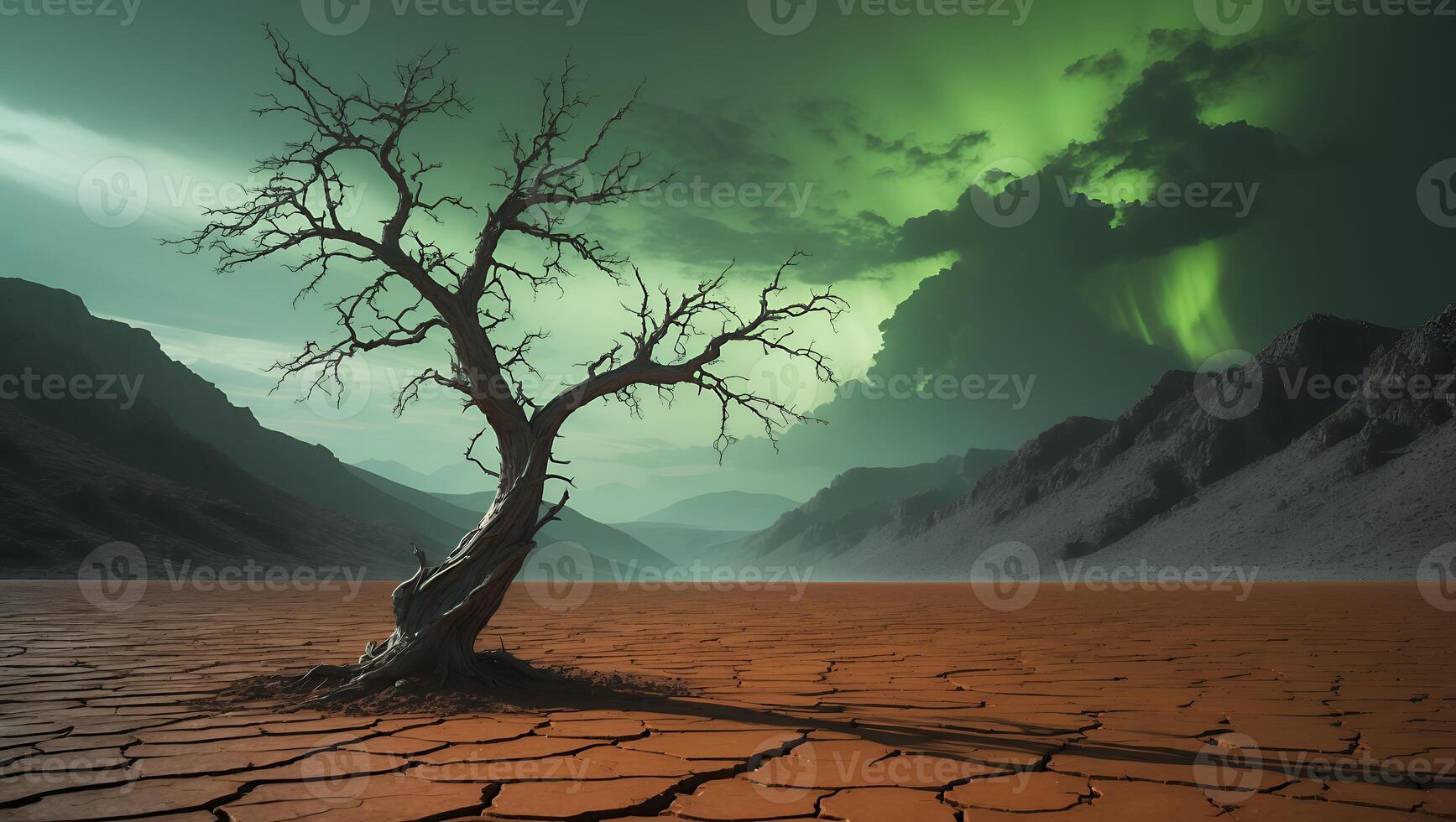 Solitary Tree on Cracked Earth Landscape with Dramatic Green Sky photo