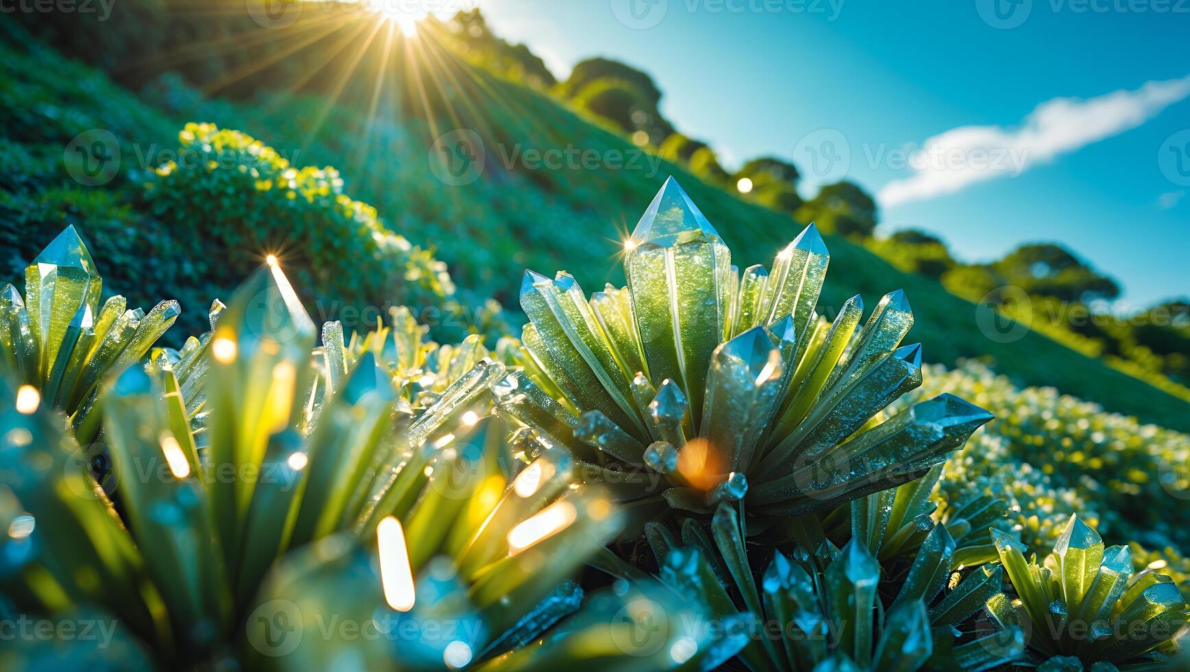 Glowing Crystals on Grassy Hillside Under Bright Sunlight and Blue Sky photo
