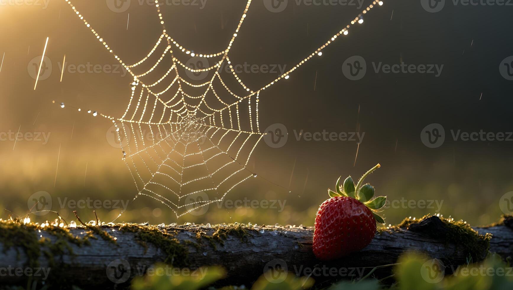 Strawberry with Dewy Spiderweb in Soft Light Rain Background photo