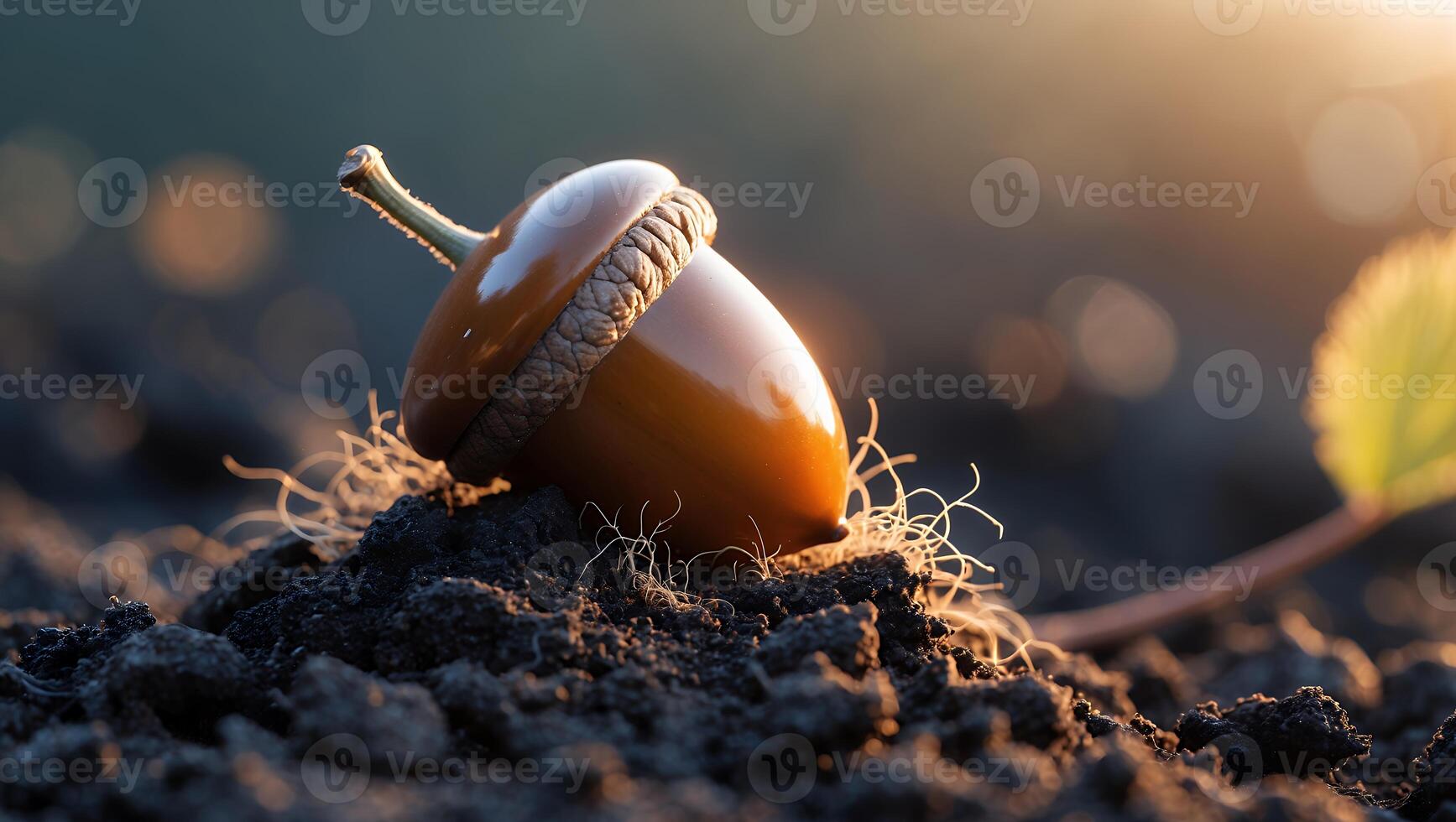 Acorn Resting on Rich Soil with Natural Light and Leaf photo