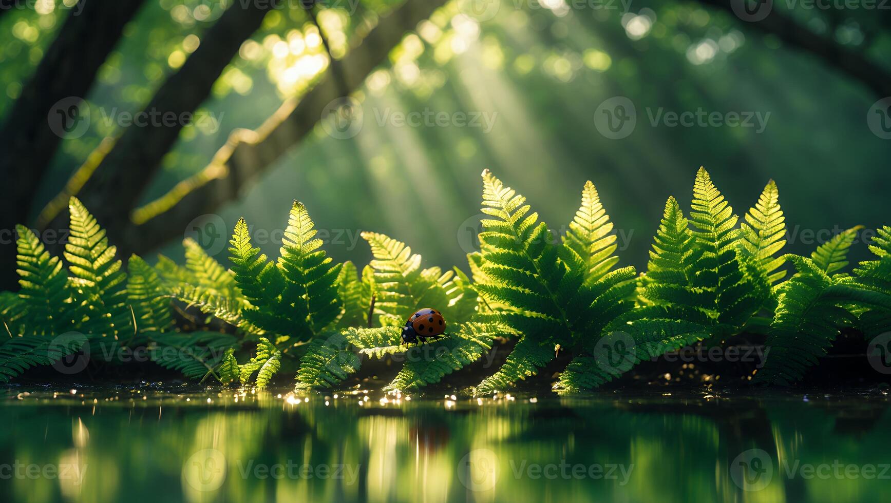 Ferns Reflecting in Water with Ladybug in Forest with Sunlight photo
