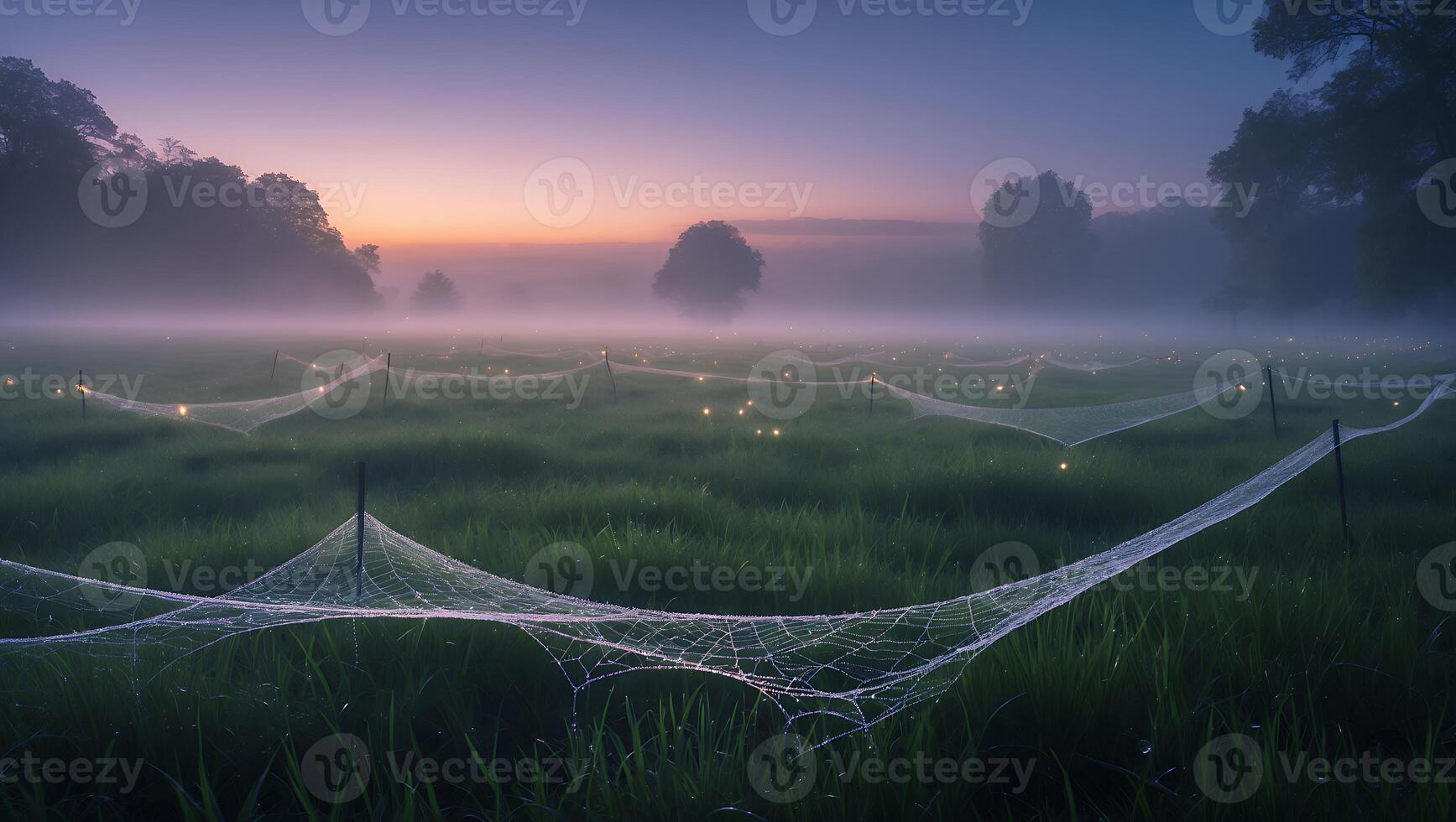 Spiderweb Over Field at Dawn with Fog and Sunrise Glow photo