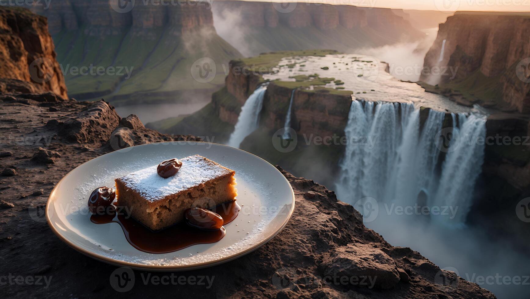Cake with Dates on Plate Overlooking a Dramatic Waterfall Landscape photo