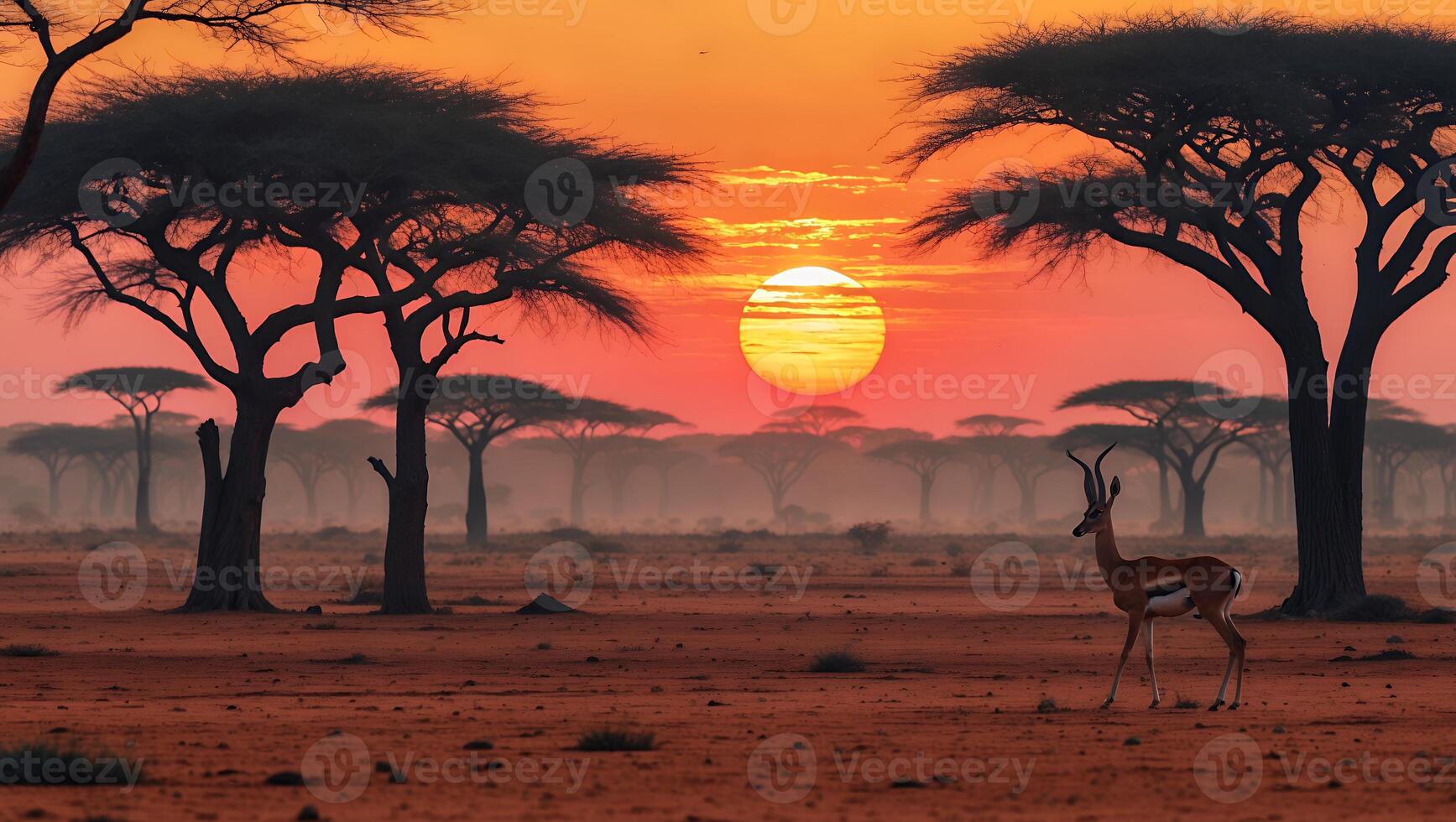 Antelope Grazing at Sunset in Savannah with Silhouetted Trees photo