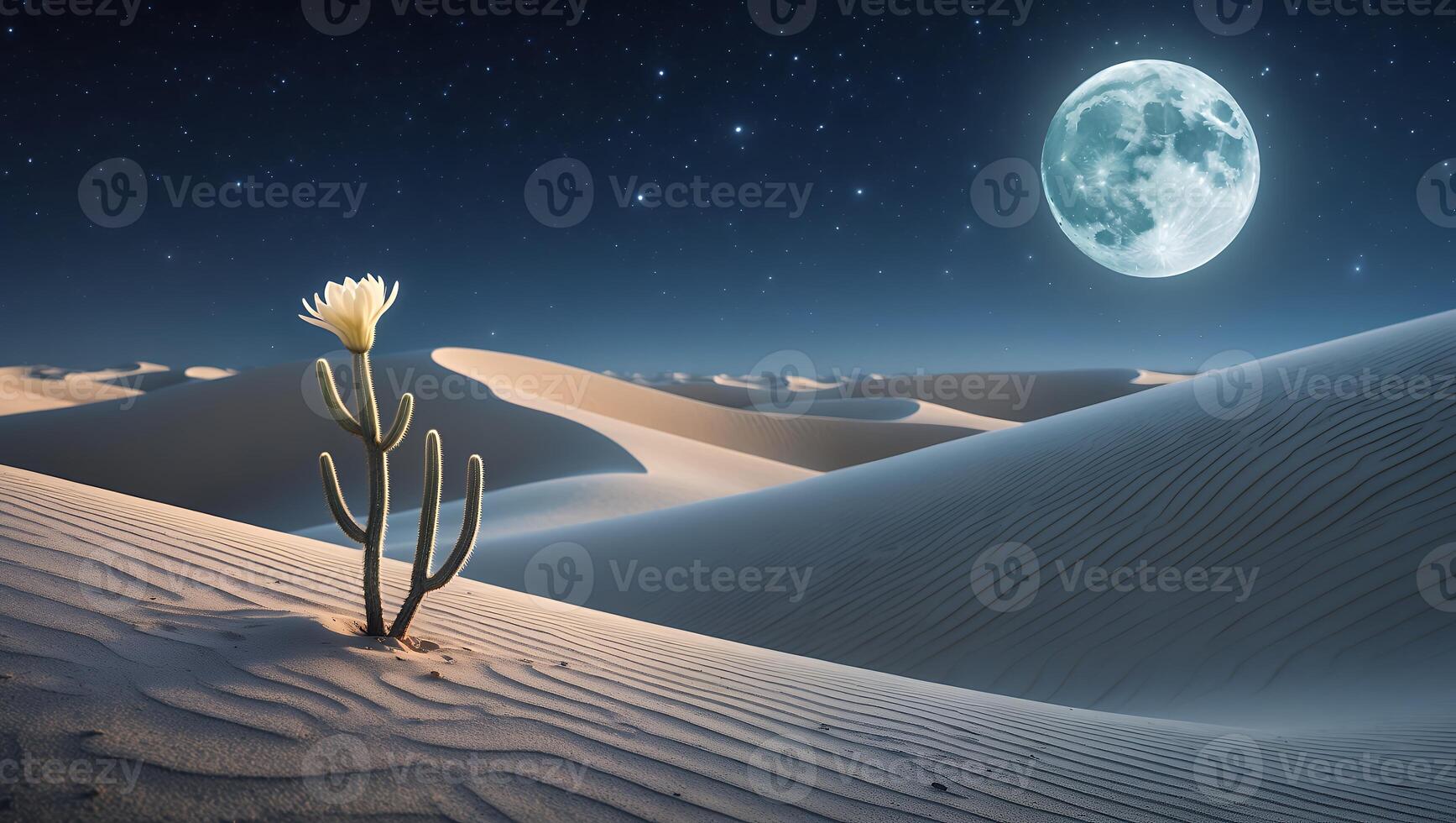 Blooming Cactus in Desert at Night Under Full Moon and Stars photo