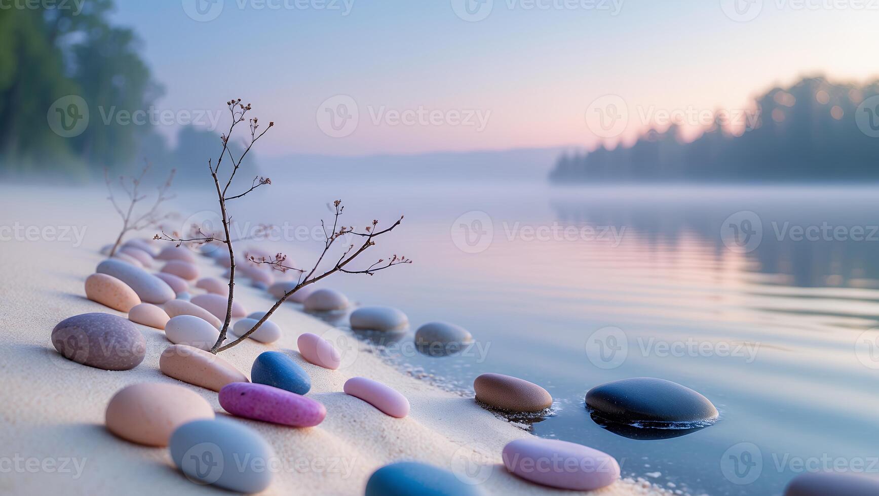 Tranquil Lakeside Scene with Colorful Stones and Foggy Sunrise photo