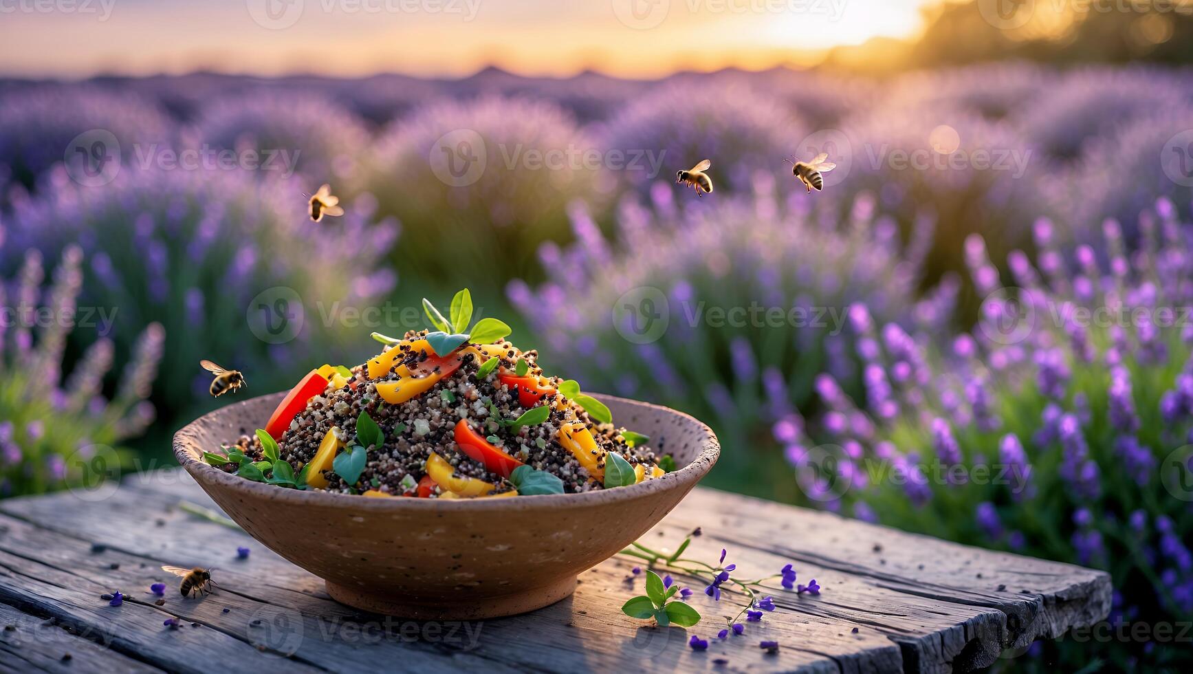 Serving Quinoa Salad in Lavender Field at Sunset with Flying Bees photo