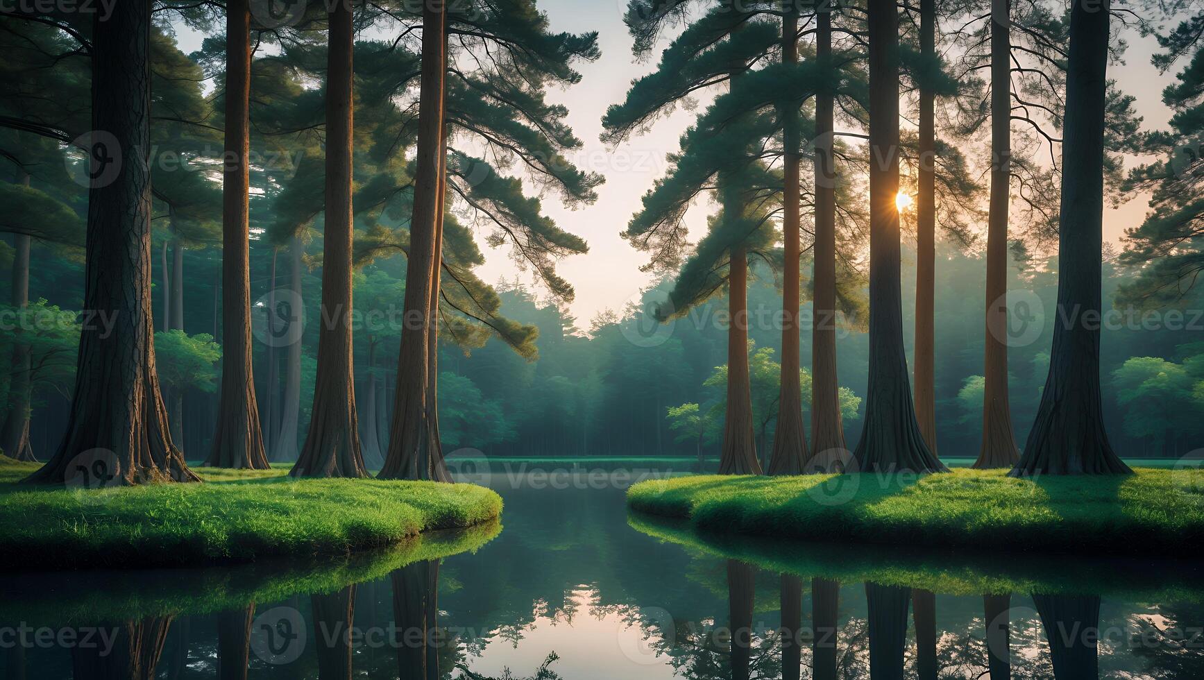 Peaceful Forest Lake Reflecting Trees and Sunrise in a Serene Setting photo