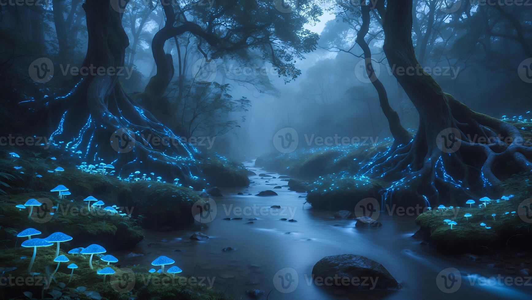 Walking Through Mystical Forest River with Glowing Mushrooms and Trees photo