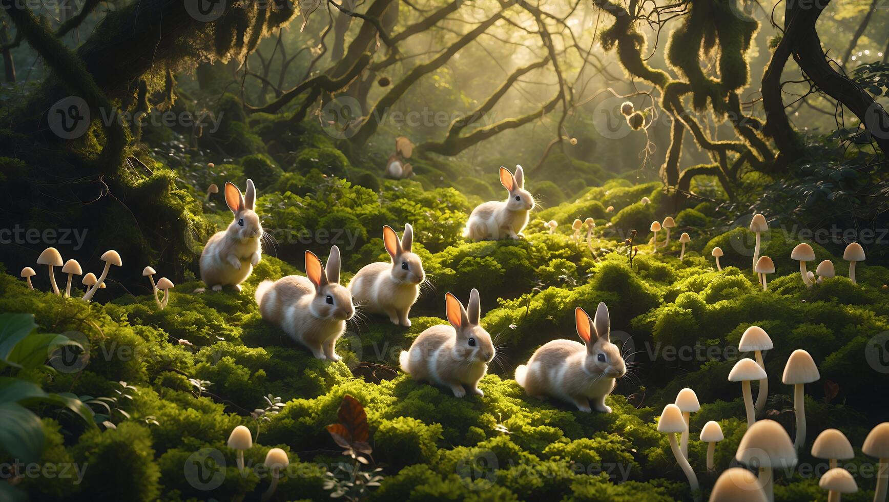 Rabbits in Mossy Forest with Mushrooms Enchanted Woodland Scene photo