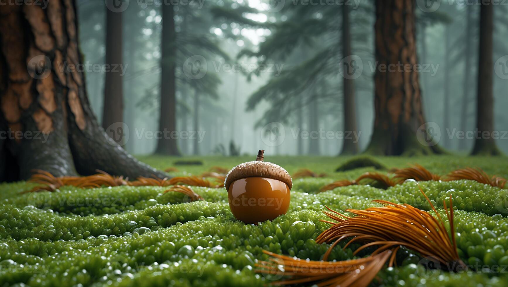 Acorn Resting on Mossy Forest Floor with Scattered Pine Needles photo