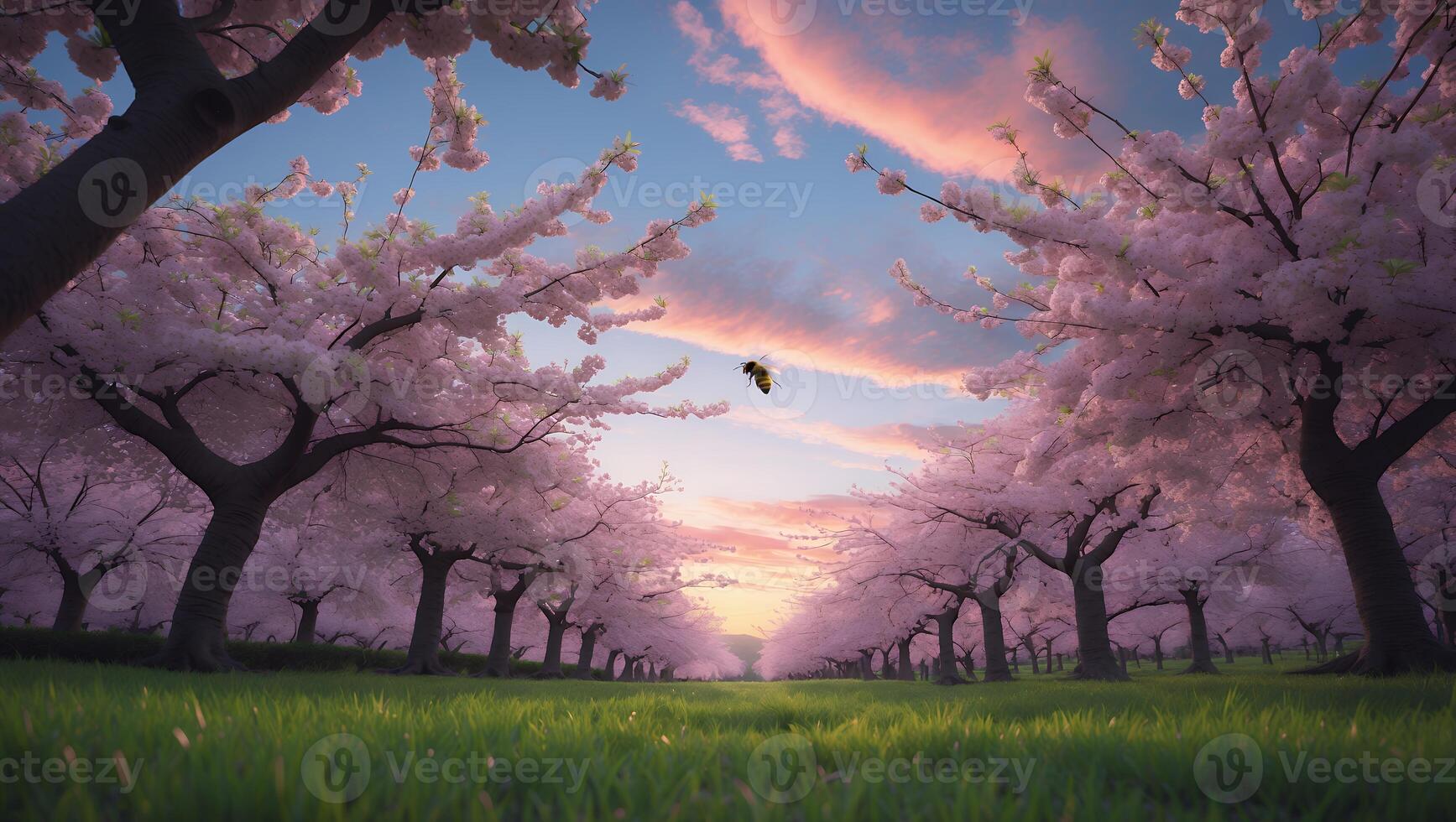 Bee Flying Through Pink Blossom Trees Field with Sunset Light photo