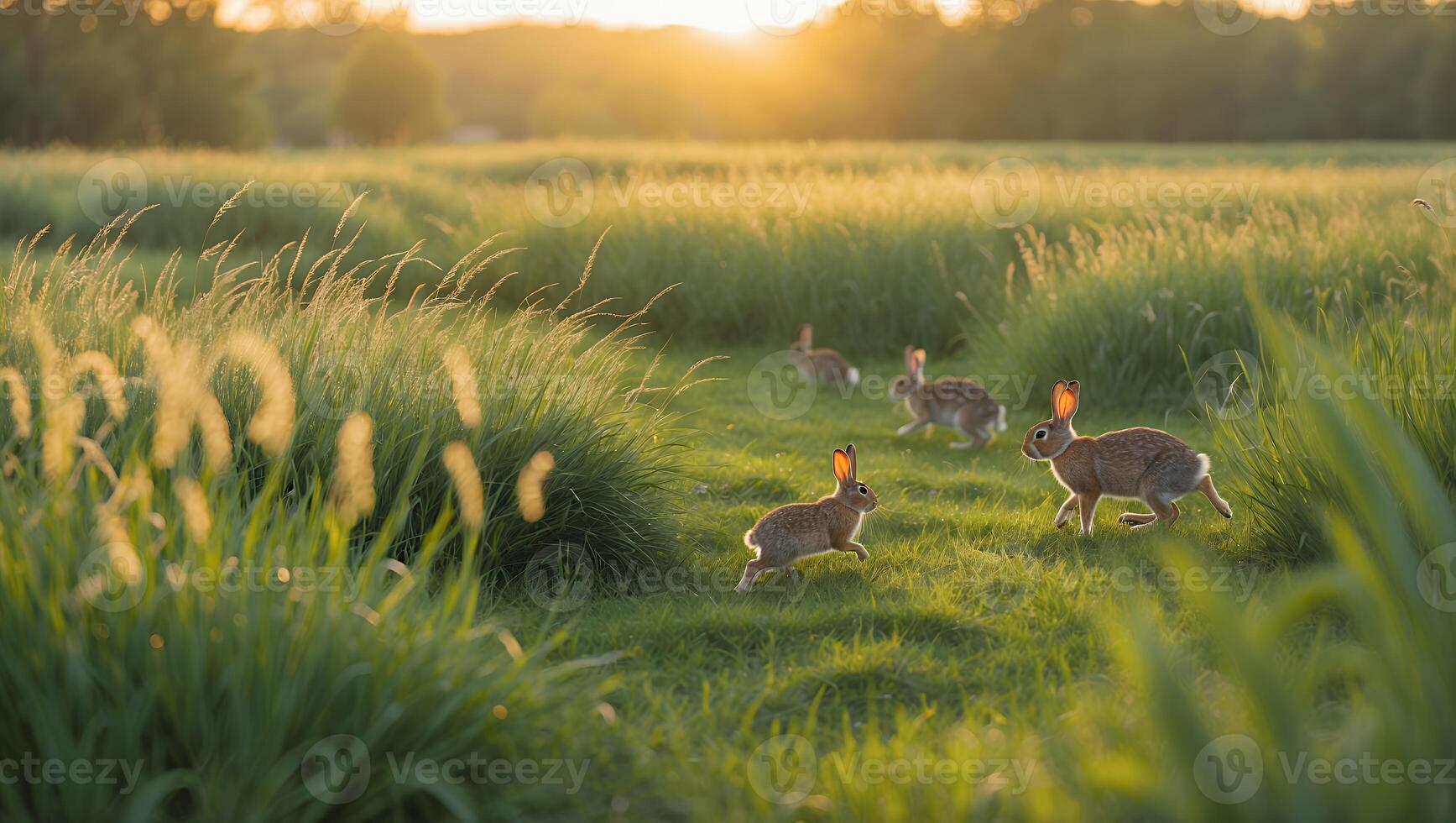 Rabbits Running in Grassy Field During Golden Sunset Hour photo